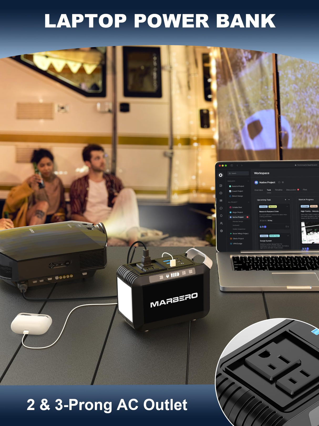 MARBERO Portable Power Bank with AC Outlet, Peak 120W/110V Portable Laptop Battery Bank, 24000mAh Charger Power Supply with AC Outlet, Power Station for Outdoor Camping Home Office Hurricane Emergency MARBERO