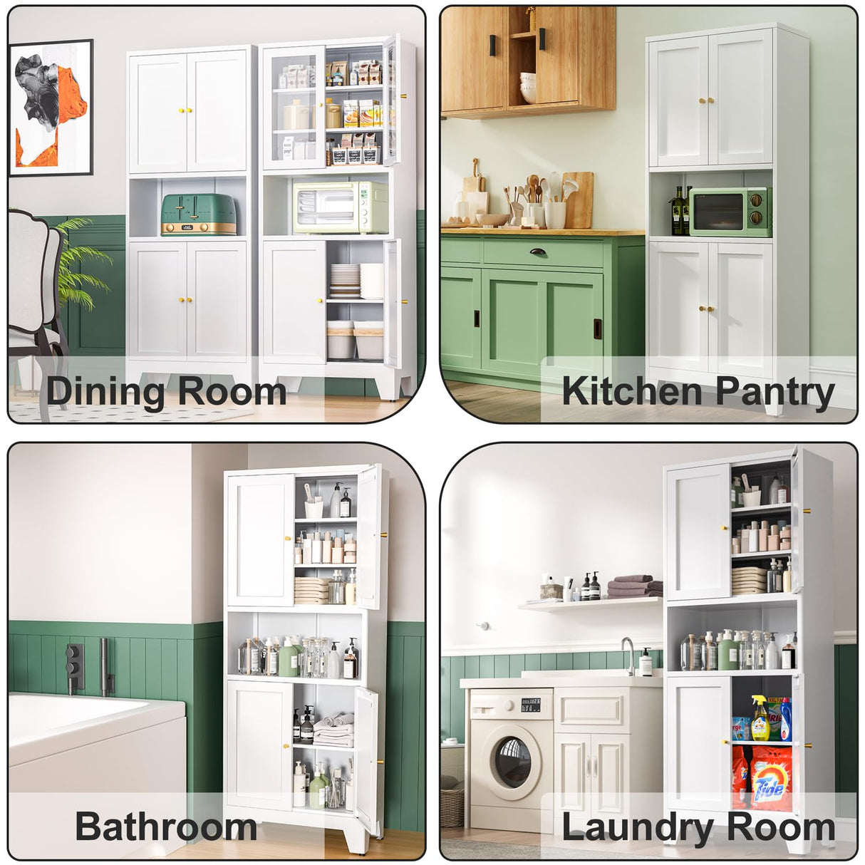 YAUWOH Metal Kitchen Pantry Storage Cabinet, Metal Freestanding Bathroom Floor Cabinetwith 4 Doors & 3 Adjustable Shelves, Metal Storage Cabinet for Bathroom, Living Room, Kitchen, Pantry, White YAUWOH