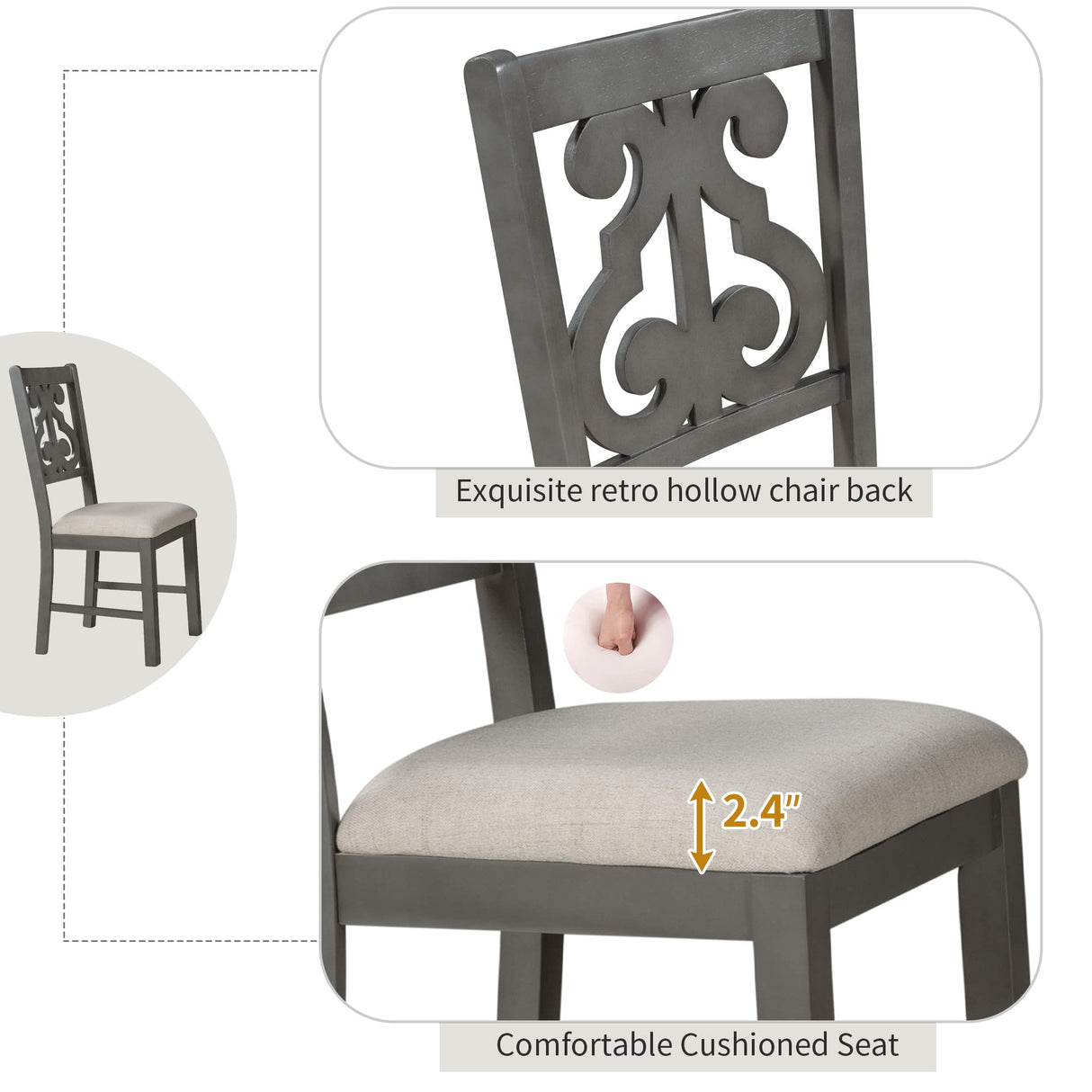 Merax 5 Piece Round Dining Table Set 4 Retro Chairs with Special-Shaped Table Legs, Exquisitely Designed Hollow Chair Back for Dining Room, Gray Merax