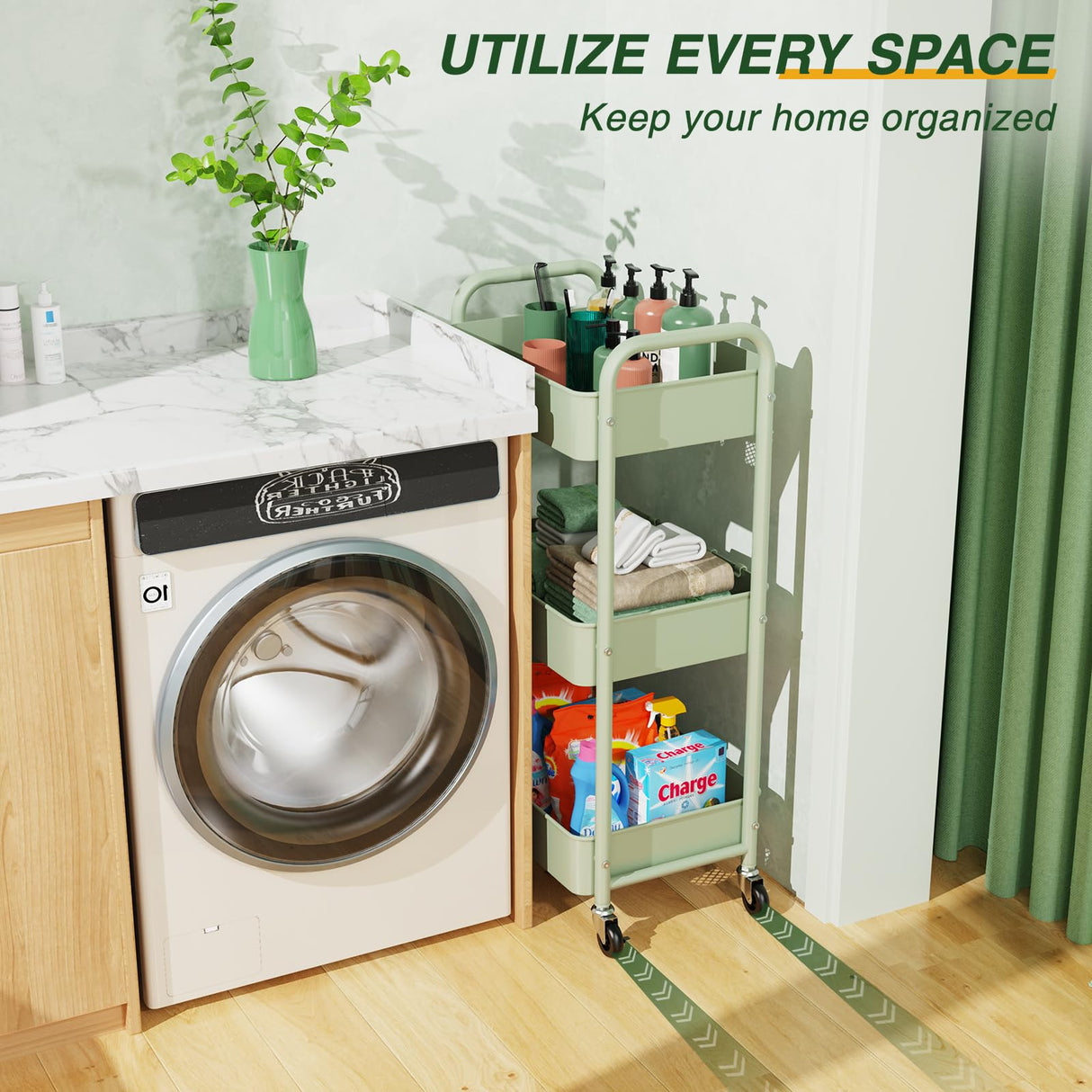 LEHOM 3 Tier Rolling Storage Cart, Metal Trolley Utility Cart with Wheels & Hooks, Easy Assembly Organizer Storage Cart for Bathroom Kitchen Office Bedroom (Green) LEHOM