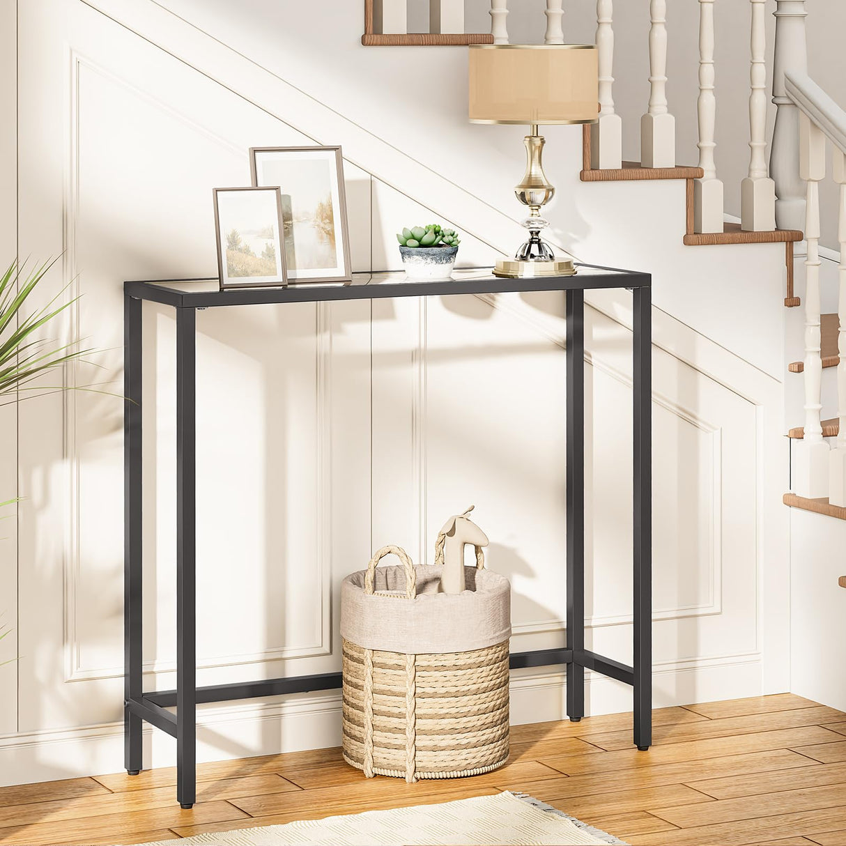 HOOBRO 29.5" Narrow Console Table, Tempered Glass Sofa Table, Small Side Table, Modern Entryway Table, for Entrance, Living Room, Foyer, Hallway Bedroom, Black BK07XG01 HOOBRO