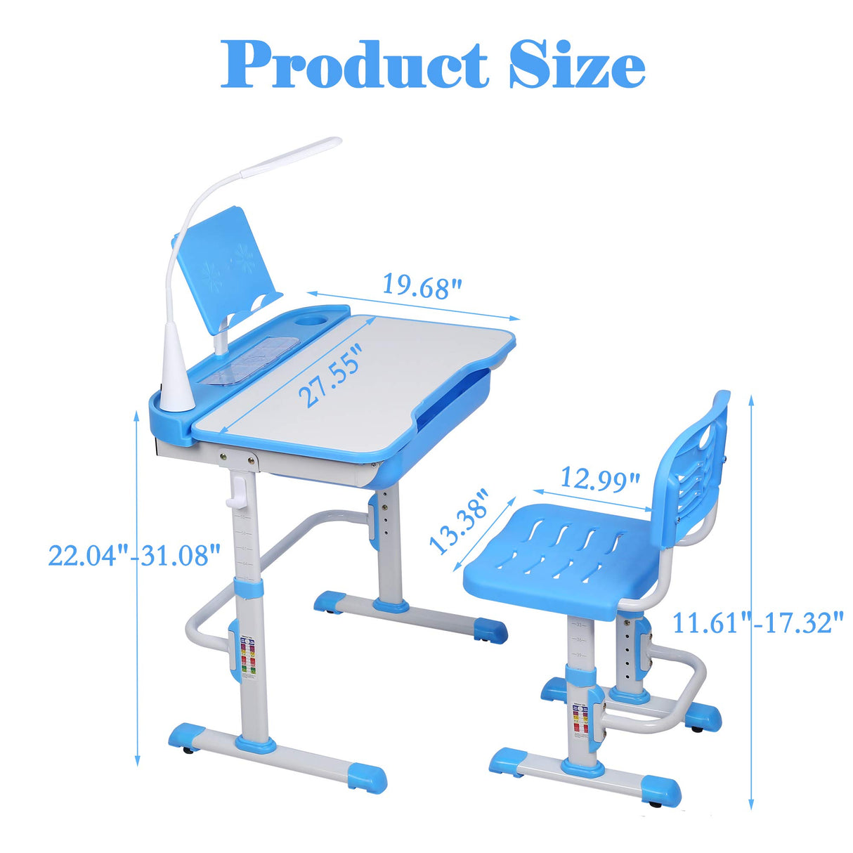 SMAGREHO Kids Desk and Chair Set, Height Adjustable Child's School Study Writing Tables with Tilt Desktop, LED Light, Storage Drawer, Book Stand (Blue) SMAGREHO
