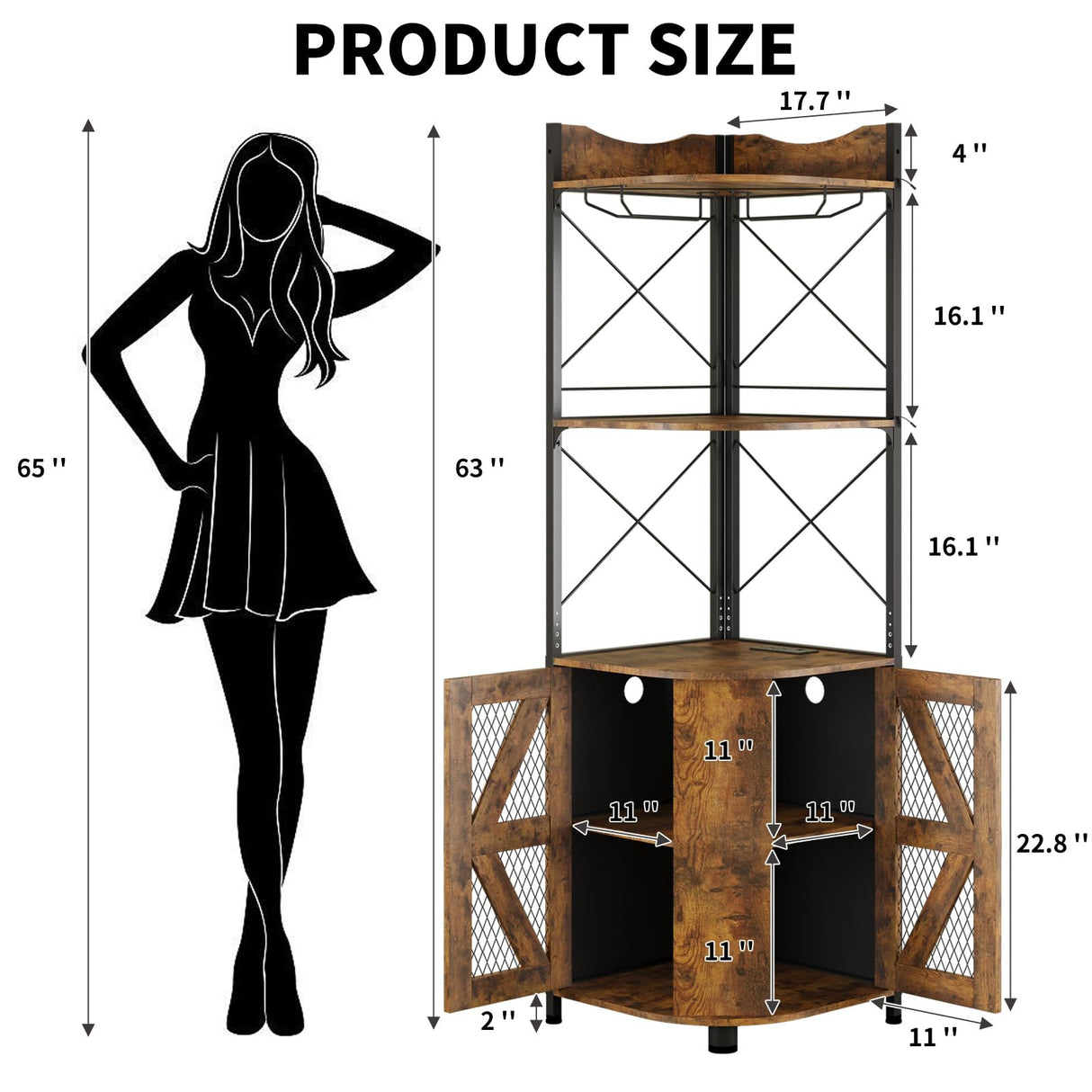 Corner Bar Cabinet with RGB LED Lights and Power Outlet, 63 Inch, 5-Tier Industrial Corner Wine Cabinet with Glass Holder, Corner Liquor Cabinet for Home, Bar Cabinet - Rustic Brown Pipleo