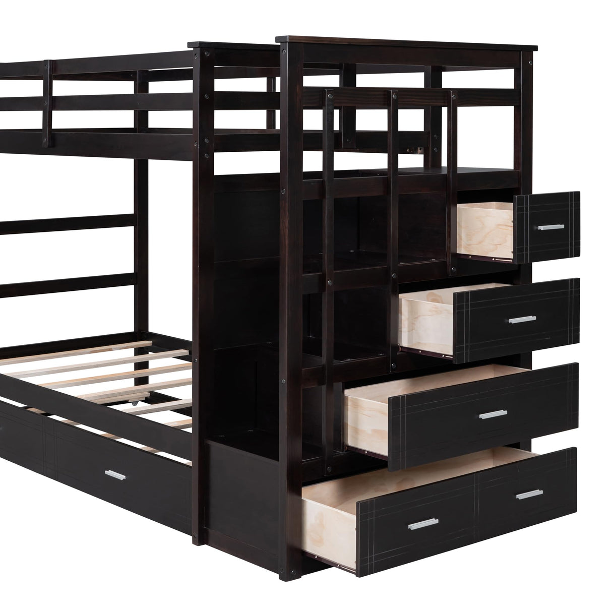 Harper & Bright Designs Twin Over Twin Bunk Bed with Stairs and Trundle, Wooden Bunk Bed Frame with Storage Staircase, Espresso Harper & Bright Designs