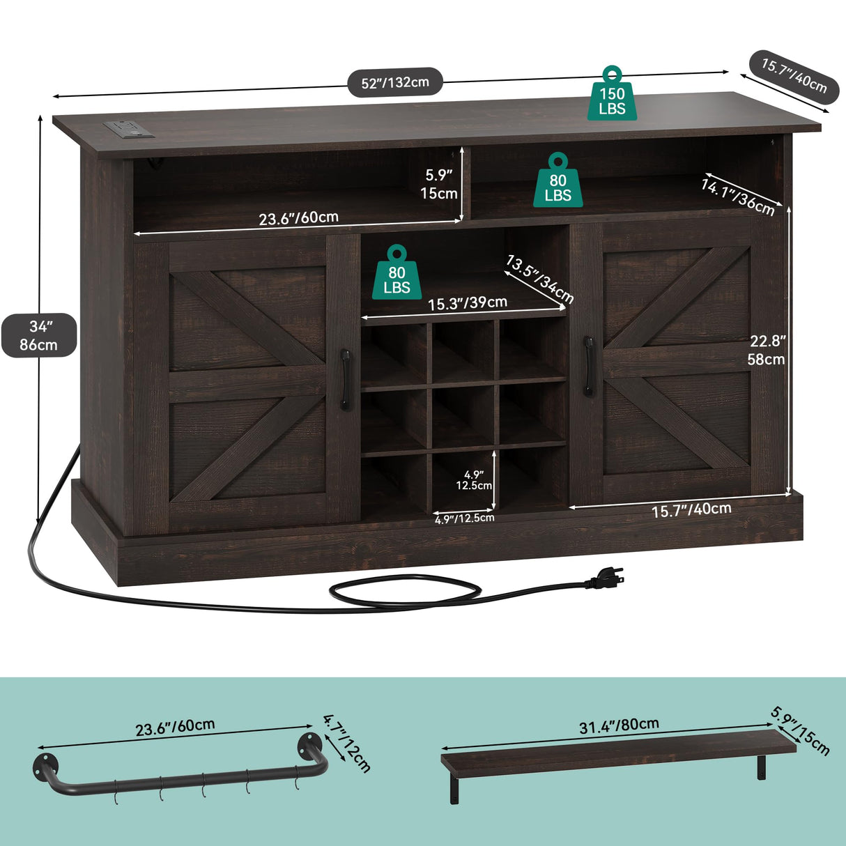 YITAHOME Buffet Cabinet with Storage, 52" Farmhouse Coffee Bar with Power Outlet, Floating Shelves, Multi-Functional Storage Sideboard Cabinet for Kitchen and Living Room (Rustic Brown) YITAHOME