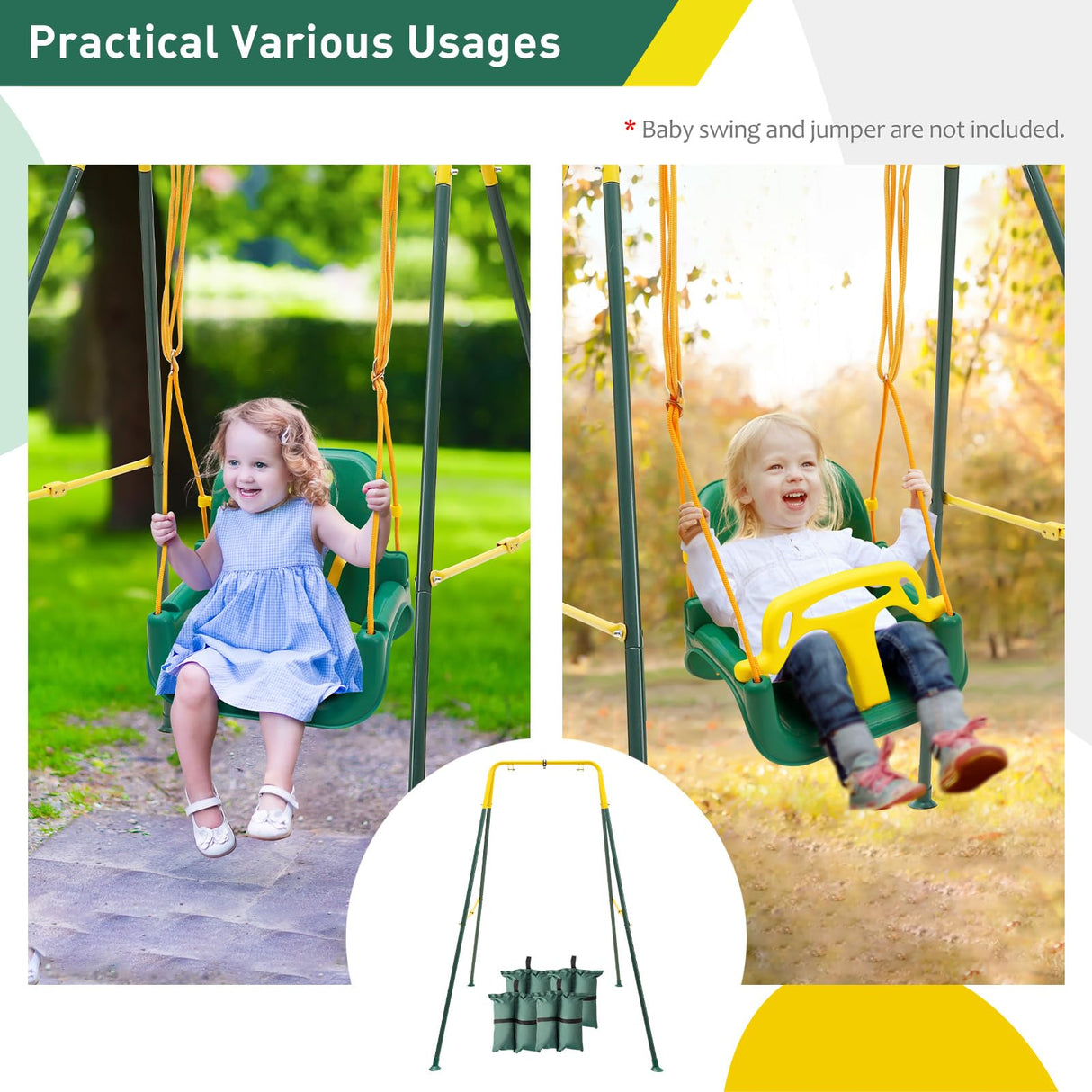 FUNLIO Foldable Swing Stand for Kids with 4 Sandbags, Heavy Duty Metal A-Frame Indoor/Outdoor for Backyard, Suitable Most Toddler/Baby Jumper/Hammock Chair - Green FUNLIO