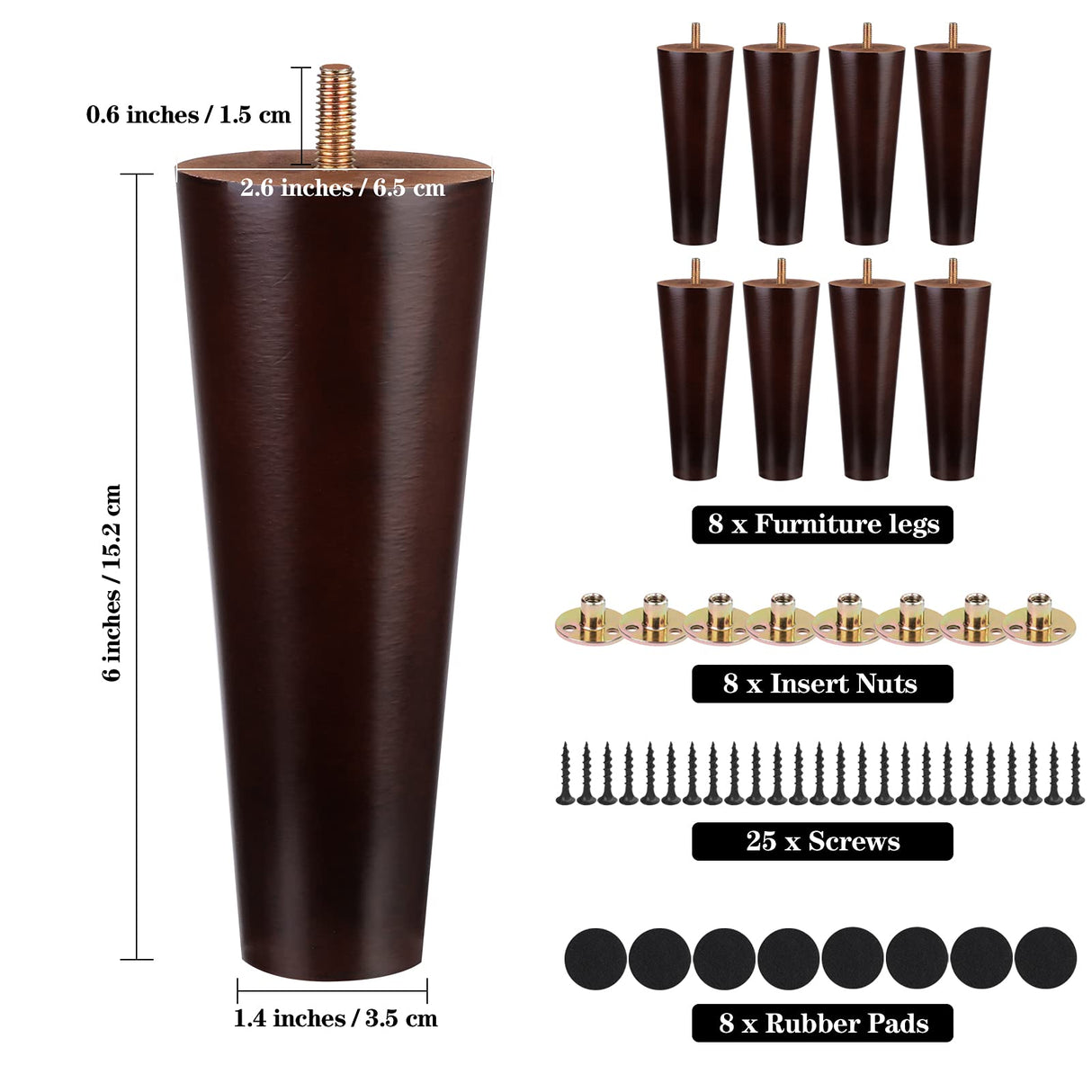 Ruisita 8 Pieces Furniture Couch Legs 6 Inch Round Solid Wood Sofa Legs Natural Wooden Couch Legs Replacement Legs for Armchair, Cabinet, Chair, Footstool, Mid Century Modern Dresser, Brown Ruisita