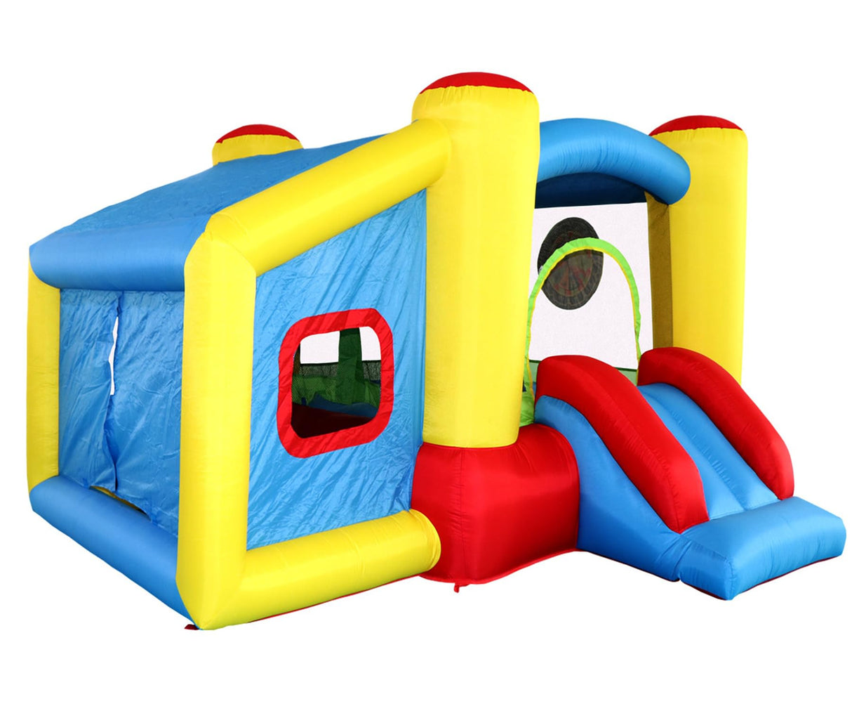 WELLFUNTIME Inflatable Bounce House with Blower, Jumping Castle Slide, Kids Bouncer with Ball Pit, Basketball Rim, Dart Target Game WELLFUNTIME