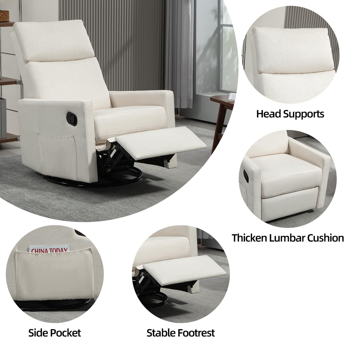 LONWIK Swivel Rocker Recliner Chair for Adults, Upholstered Nursery Rocking Glider with Adjustable Footrest, Lay Flat Recliner Single Lazy Sofa for Living Room, Beige LONWIK