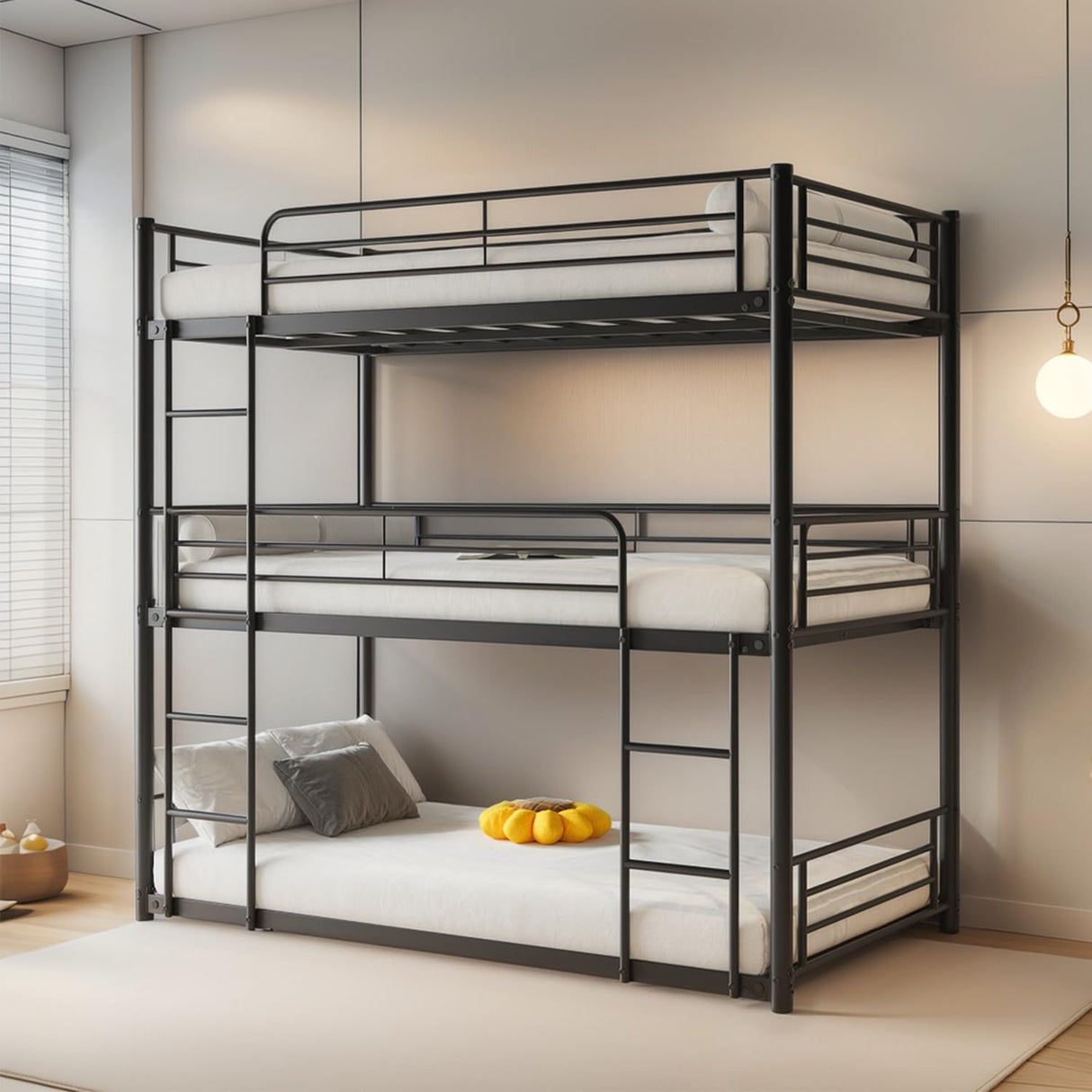 AYJOIR Heavy Duty Triple Bunk Bed, Twin Over Twin Over Twin Metal Bunkbeds with Ladder, Family-Friendly for All Ages, Bedroom, No Box Spring Needed, Easy Assembly, Black AYJOIR