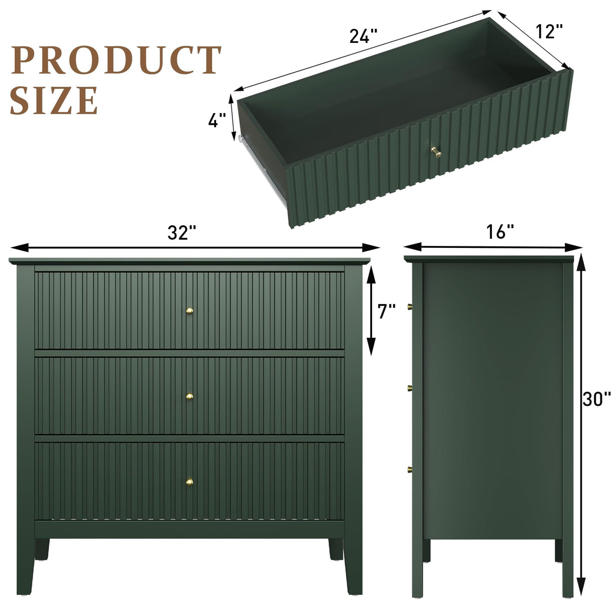 RoyalCraft Dark Green Fluted 3 Drawer Dresser, 32 inch Wide Dresser Nightstand for Bedroom, Modern Wood Chest of Drawers, Large Painted Nightstand with 3 Drawers for Closet, Hallway, Entryway RoyalCraft