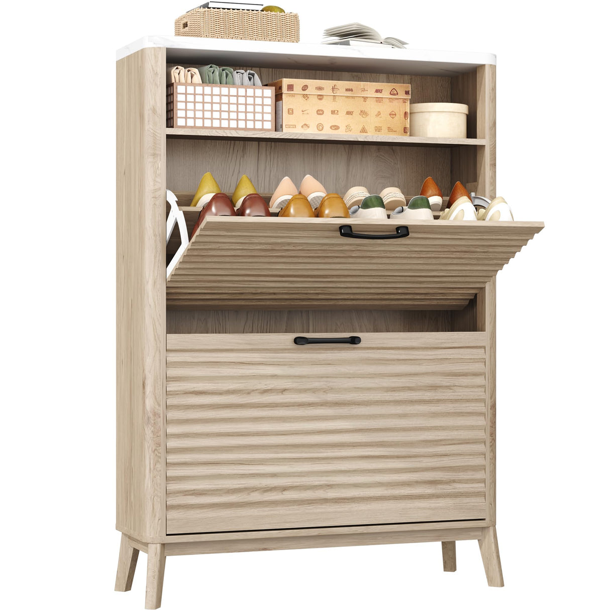 HOMEFORT Shoe Storage Cabinet for Entryway, 31.5" Fluted Shoe Cabinet with 2 Flip Drawers, Mid-Century Modern Hidden Shoe Rack Organizer, Slim Shoe Cabinet for Front Door Entrance, Natural Oak HOMEFORT