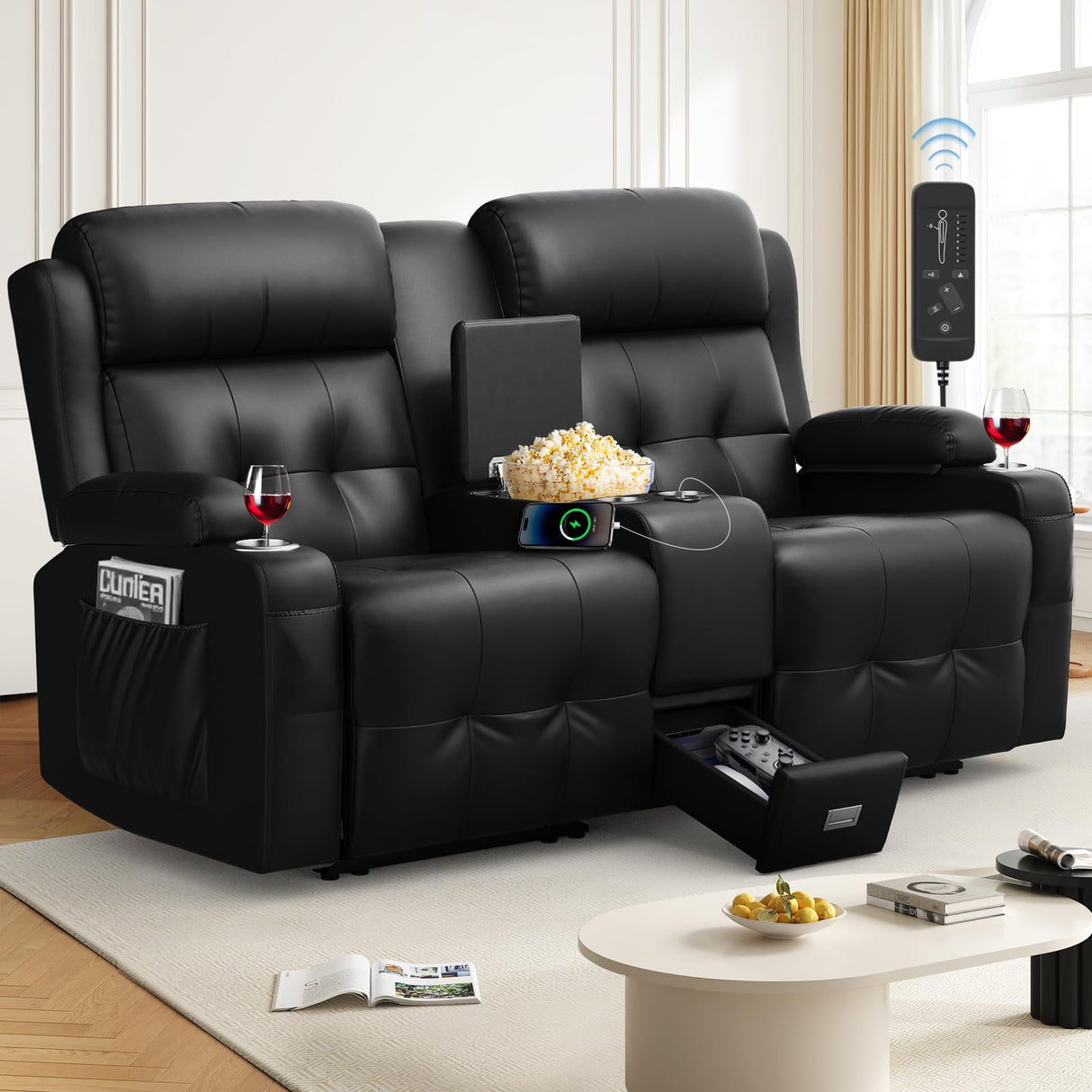 Loveseat Recliner Sofa, Home Theater Seating Massage Reclining Couch with USB, Center Console, Wall Hugger RV Recliners, 145° Adjustable Recline & Cup Holders & Side Pockets,for RV & Movie Room TOMOSLTER