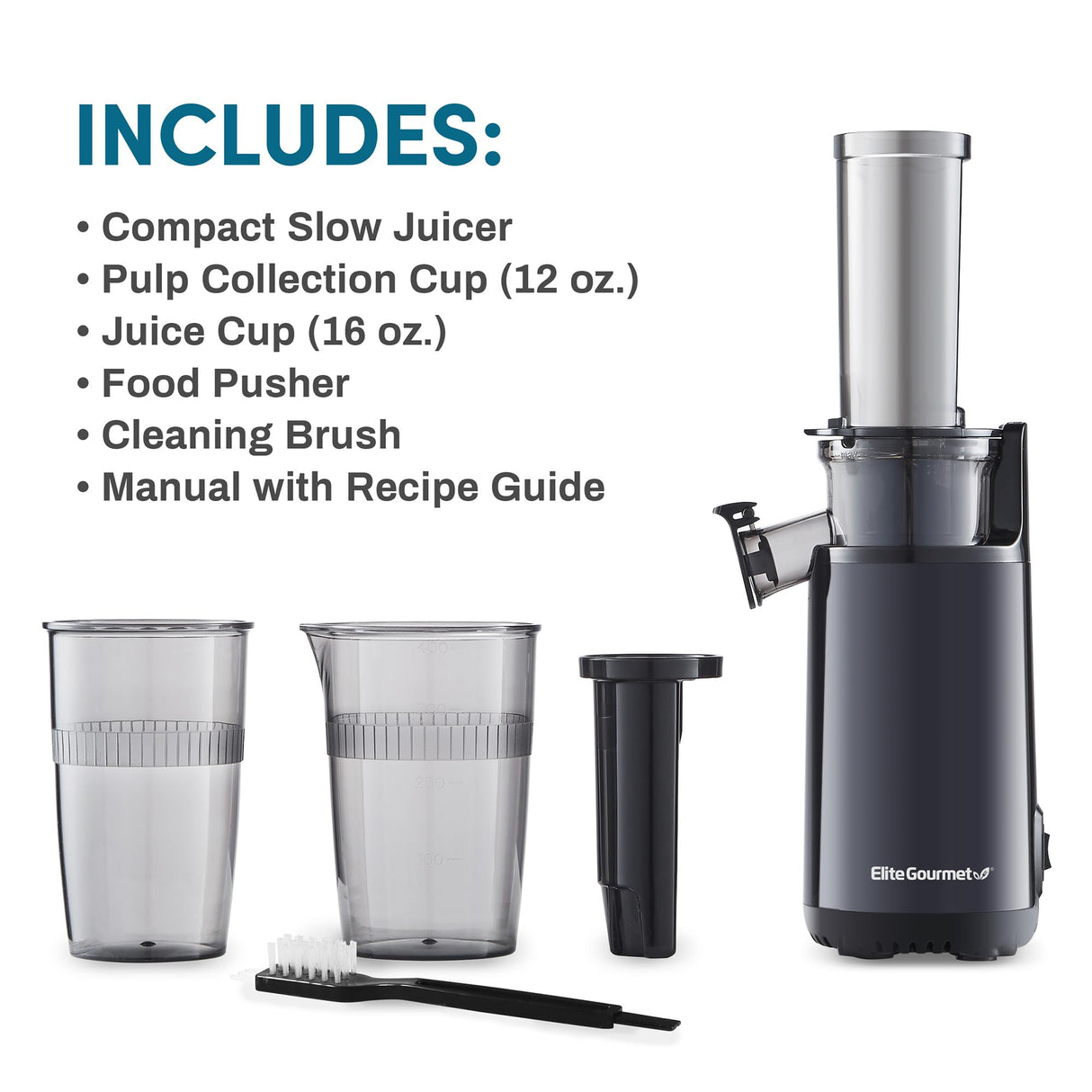 Elite Gourmet Masticating Juicer Machines, 12-inch Juicer, Masticating Cold Press Juicer Machines, Juicer for Vegetables and Fruits, Easy to Clean Juicer, Charcoal Grey Elite Gourmet
