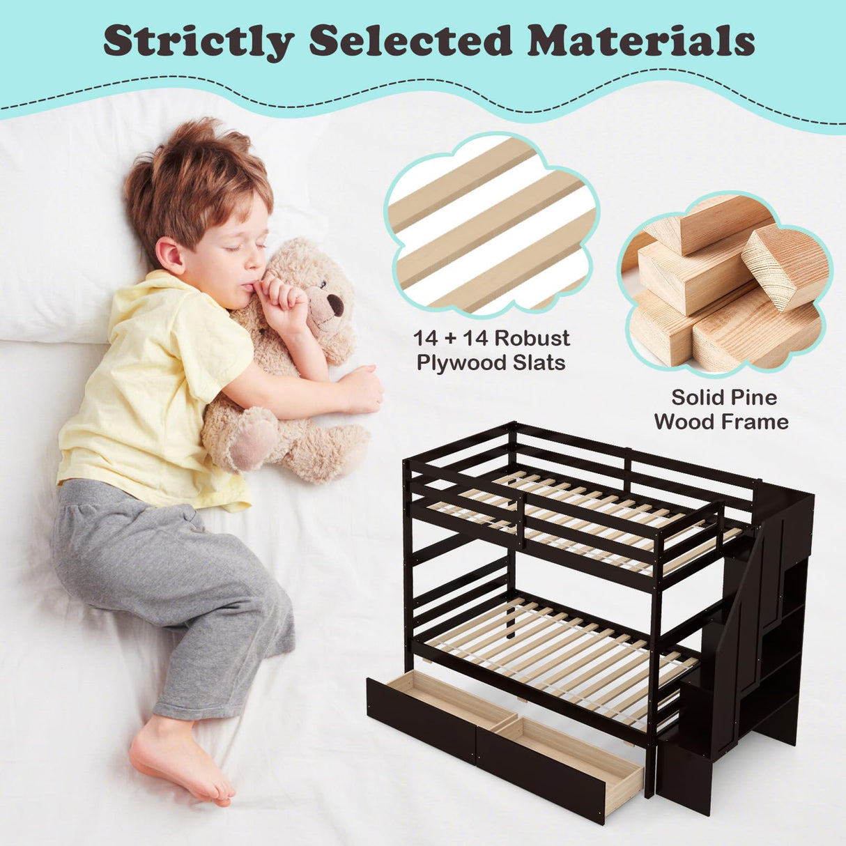 Giantex Bunk Bed Twin Over Twin with Storage Stairs & Drawers, Solid Wood Bunk Bed with Full-Length Guardrails, Convertible to 2 Beds, Versatile Bunk Beds for Kids Teens Adults, Espresso Giantex