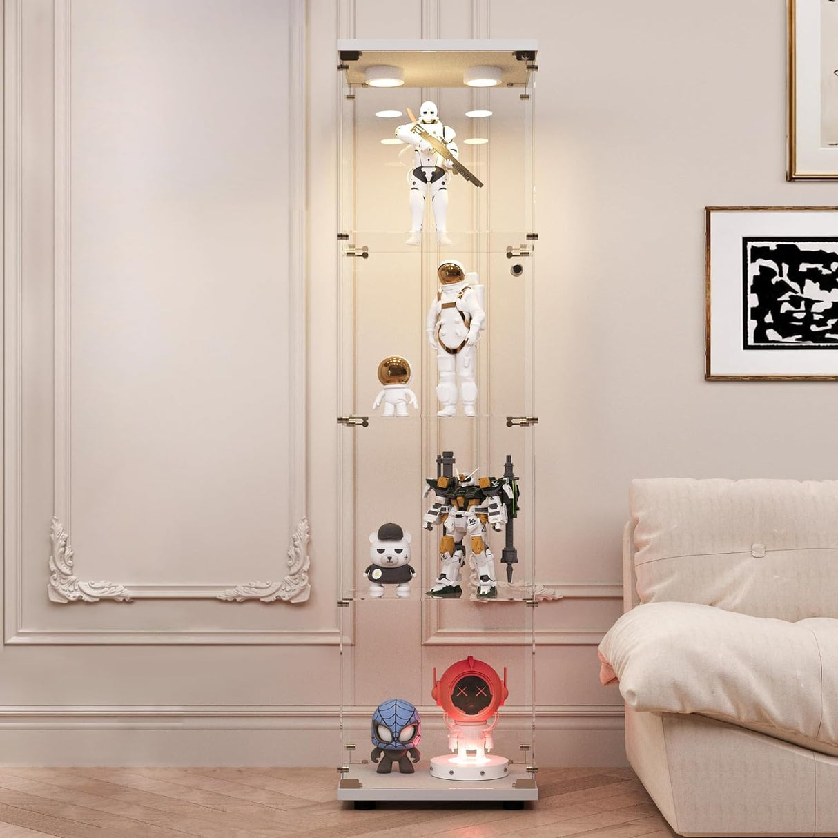 LFT HUIMEI2Y Glass Display Cabinet with LED Lights and Lock, 4-Shelf Curio Cabinets with Door, Tempered Glass Collection Display Showcase for Bedroom, Living Room 65”x 17”x 14.5” White LFT HUIMEI2Y