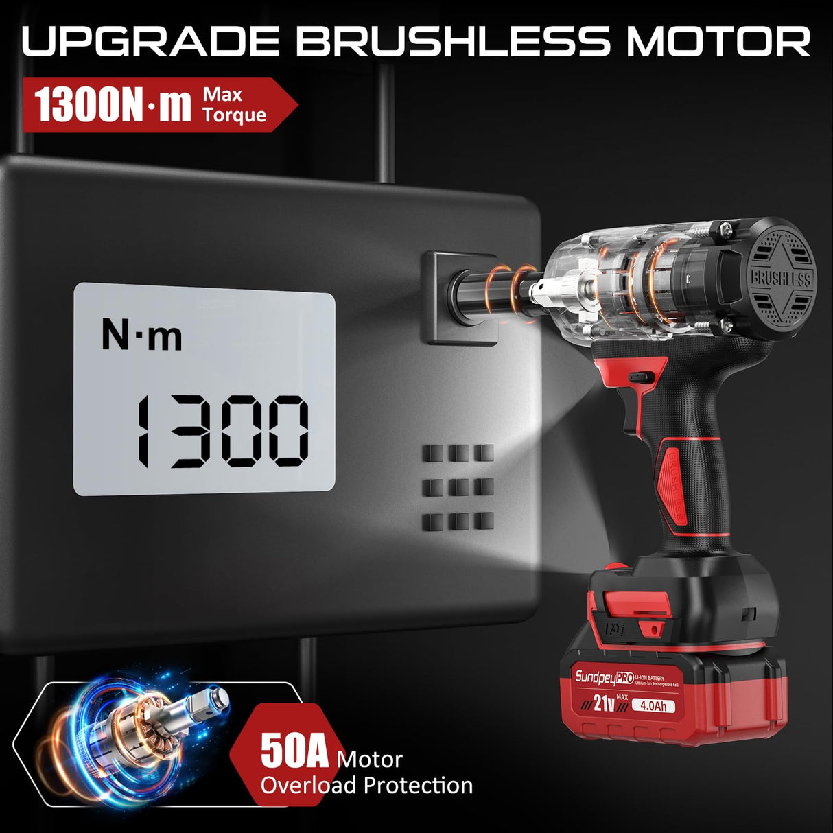 SundpeyPRO Cordless Impact Wrench 960Ft-lbs - 1300N·m High Torque Impact Wrench - 21V 2600RPM Brushless Power Impact Gun with 2 × 4.0Ah Battery 6 Sockets & Charger & Carry Case for Car Tire Truck DIY SundpeyPRO