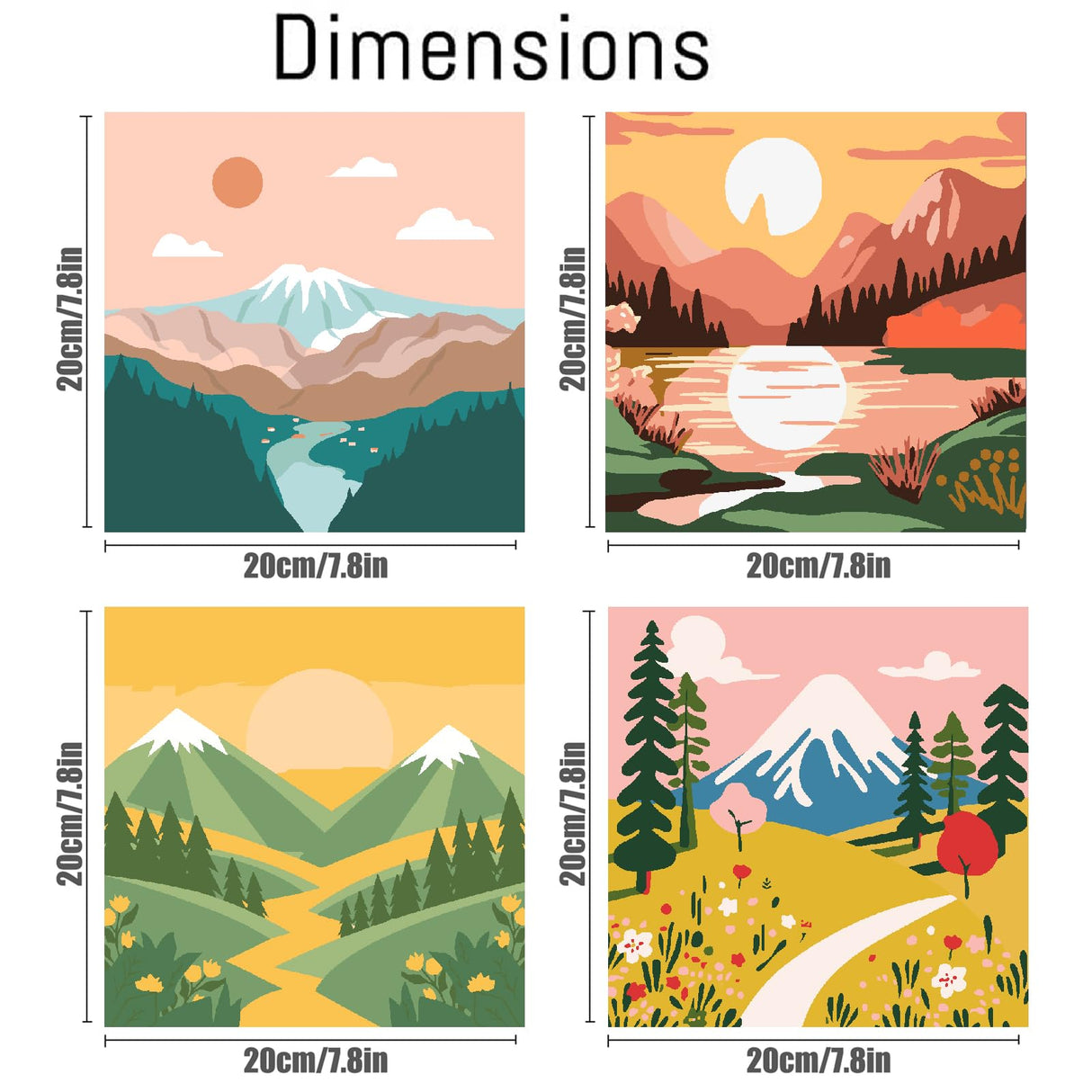 FQOVKYN 4 Packs Paint by Numbers Kit for Adults with Frame, DIY Landscape Adult's Paint by Number on Canvas, Mountain Oil Painting Kits for Home Wall Decor 8x8 Inch FQOVKYN