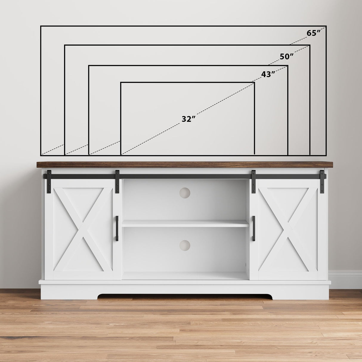 CABIHOME Farmhouse Tv Stand for 65 Inches TVs, Entertainment Center with Storage and Sliding Barn Doors, Adjustable Shelf Modern Media TV Console TV Stand Table for Living Room, Bedroom, White CABIHOME