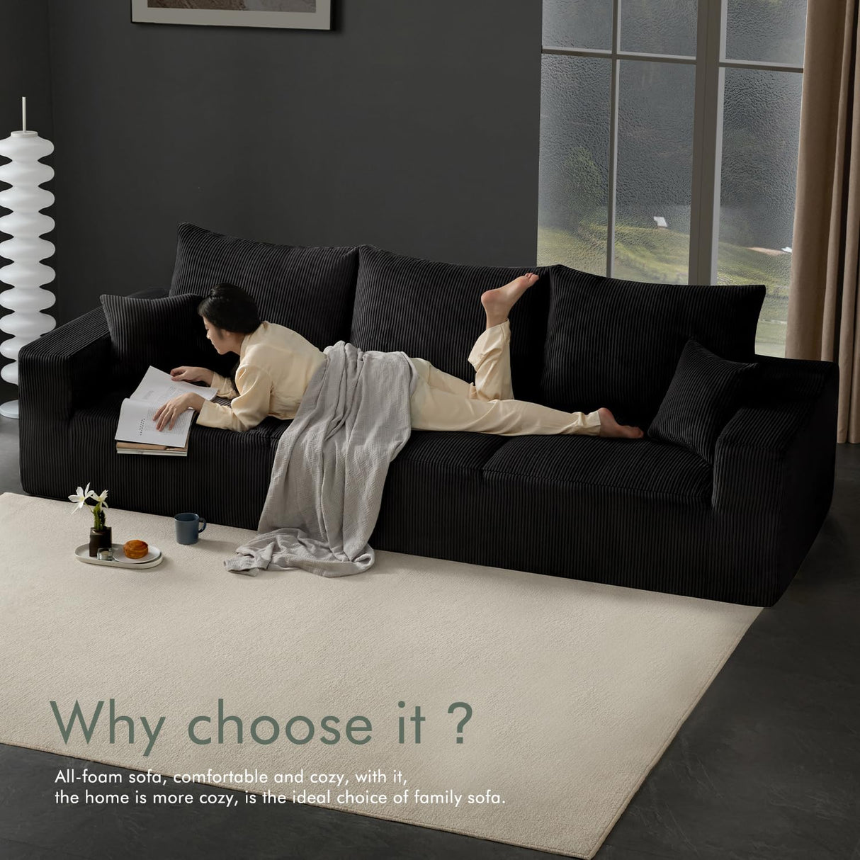 Boneless Sectional Cloud Couch Sofa for Living Room, 112" U-Shaped Modular Modern Lounge Sleeper Black Couches with Chaise, No Assemble, Cordury Compression Upholstered Sofas Gericco