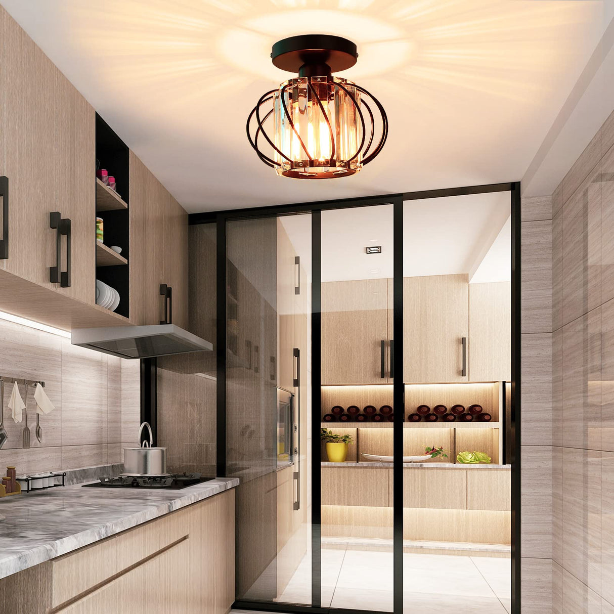 FRIDEKO HOME 2-Pack Semi Flush Mount Ceiling Light - Small Crystal Chandelier Hallway Black Metal Cage Modern Light Fixture for Entryway Bedroom Porch Kitchen FRIDEKO HOME