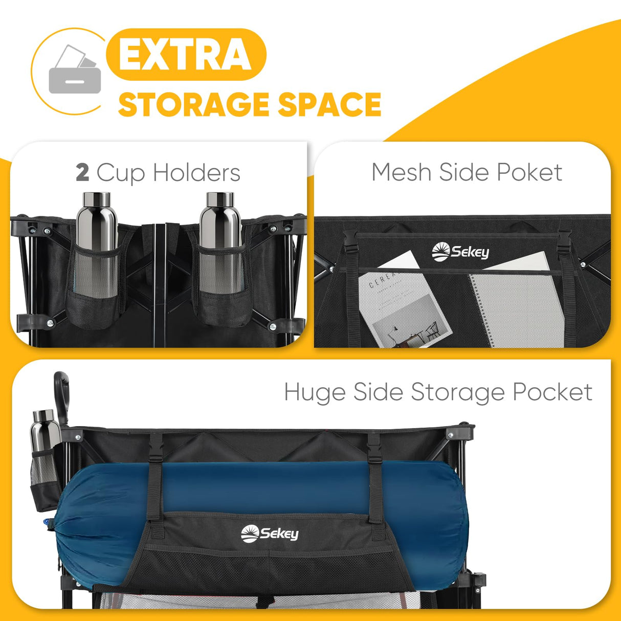 Sekey 400L Double Decker Beach Wagon 50''L Extra-Long Extended Shelf, Collapsible Wagon Cart with 500lbs Capacity, Heavy Duty Folding Wagon All-Terrain Wheels for Camping, Sports, Garden.Black Sekey