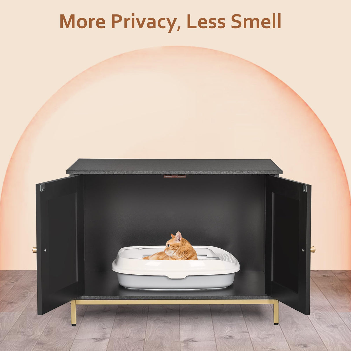 Homhedy Cat Litter Box Enclosure, Litter Box Furniture Hidden with Metal Frame, Cat Washroom Furniture, Cat House, Fit Most of Litter Box, Modern Style, Black and Gold Homhedy