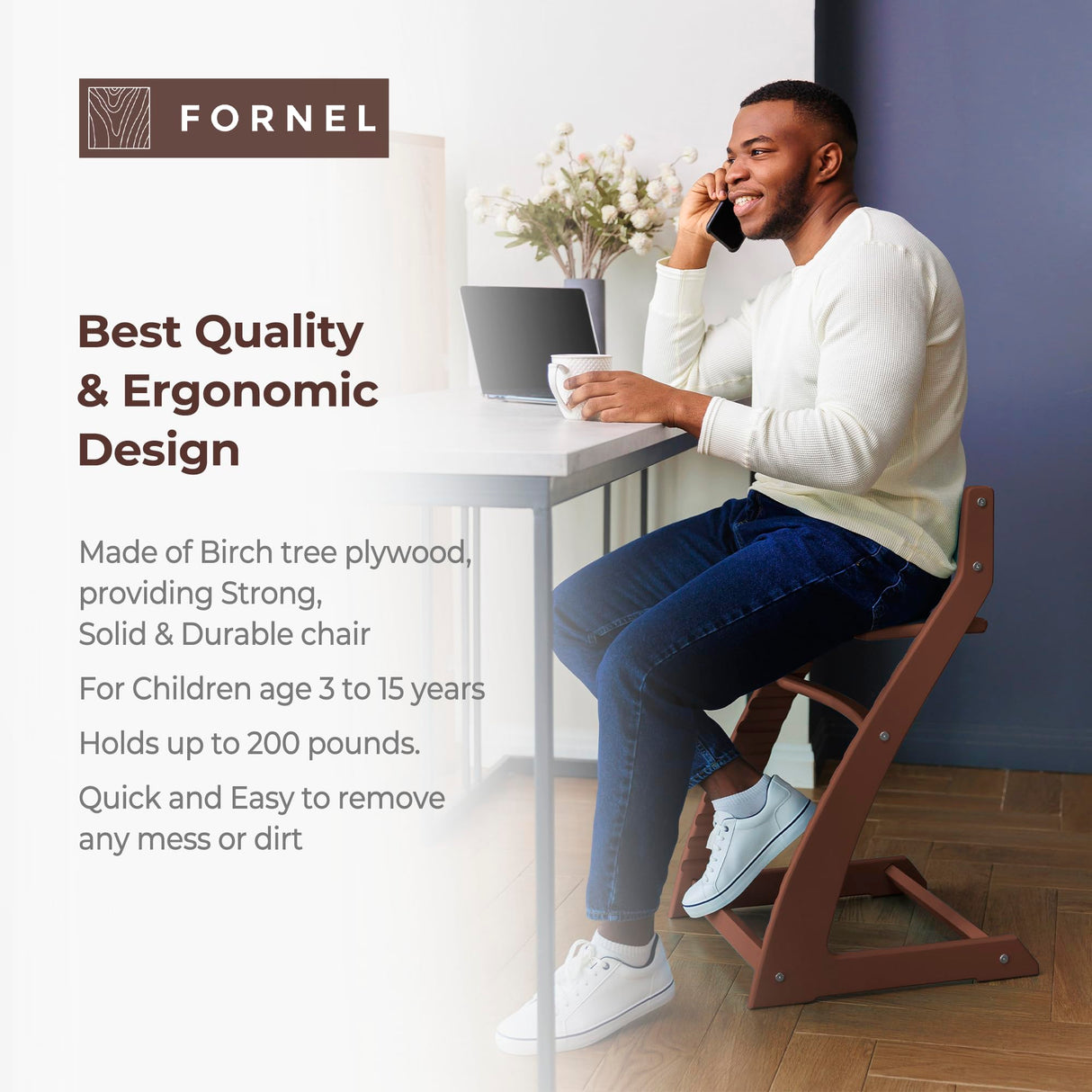 FORNEL Wooden High Chair for Babies and Toddlers - Adjustable Height Easy to Clean Toddler Highchair - Kids Dining Chair from 3 Years to 200 Lb, Grow with Child (Dark Walnut) Fornel