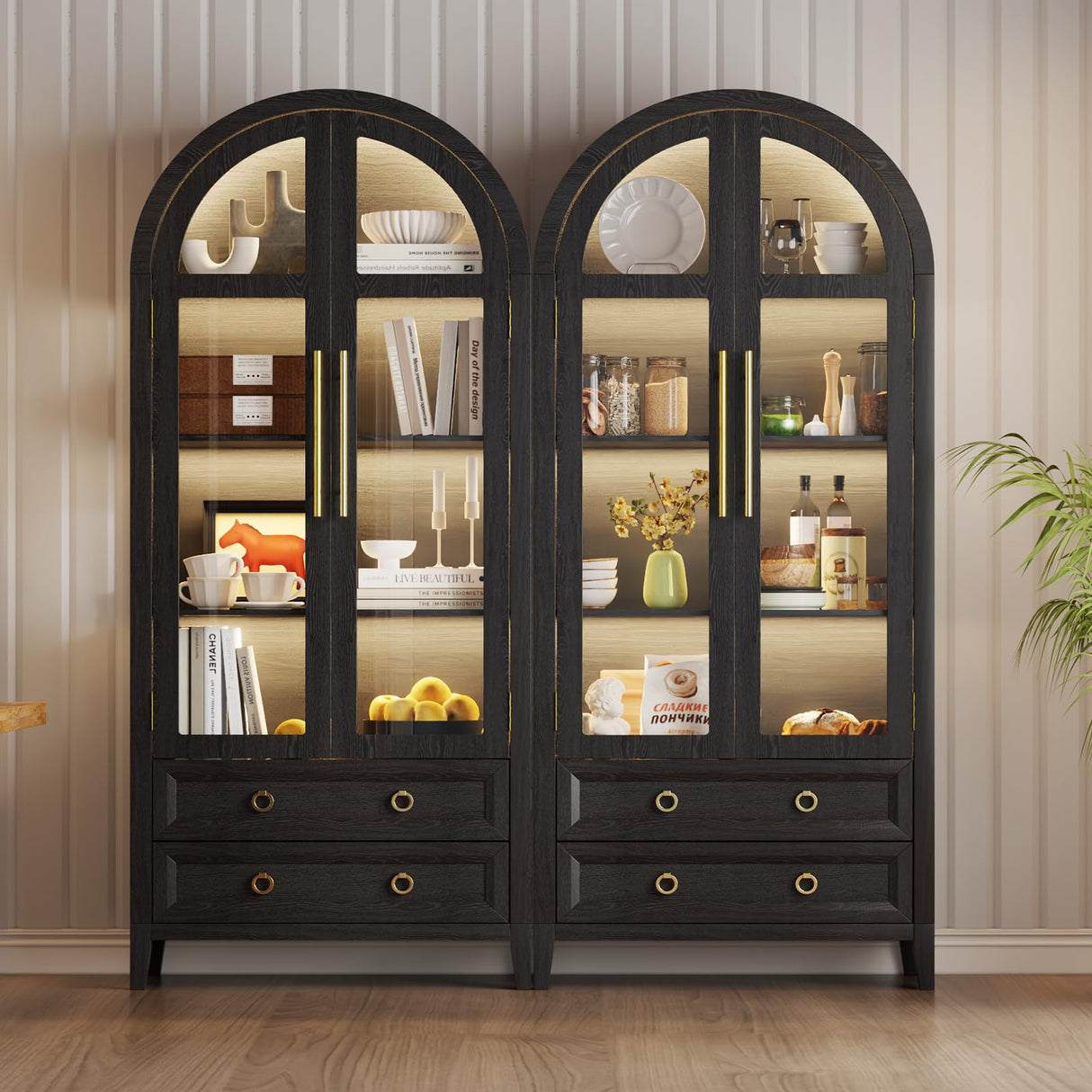 EOAWE Arched Curio Cabinet with Glass Doors, 4-Tier Display Cabinet with 2 Drawers, Tall Bookcase with 3 Color Lights, Display Case, Kitchen Pantry (Black) EOAWE