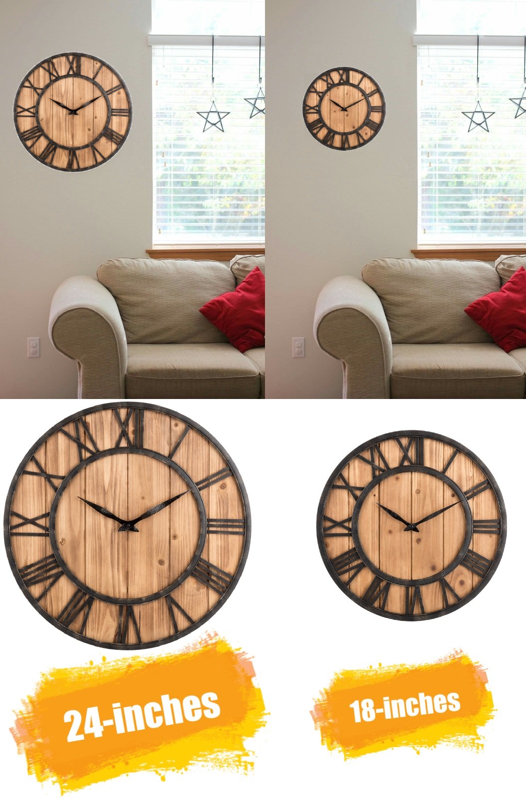 Oldtown Farmhouse Metal & Solid Wood Noiseless Wall Clock (Wood, 18-inch) Oldtown Clocks