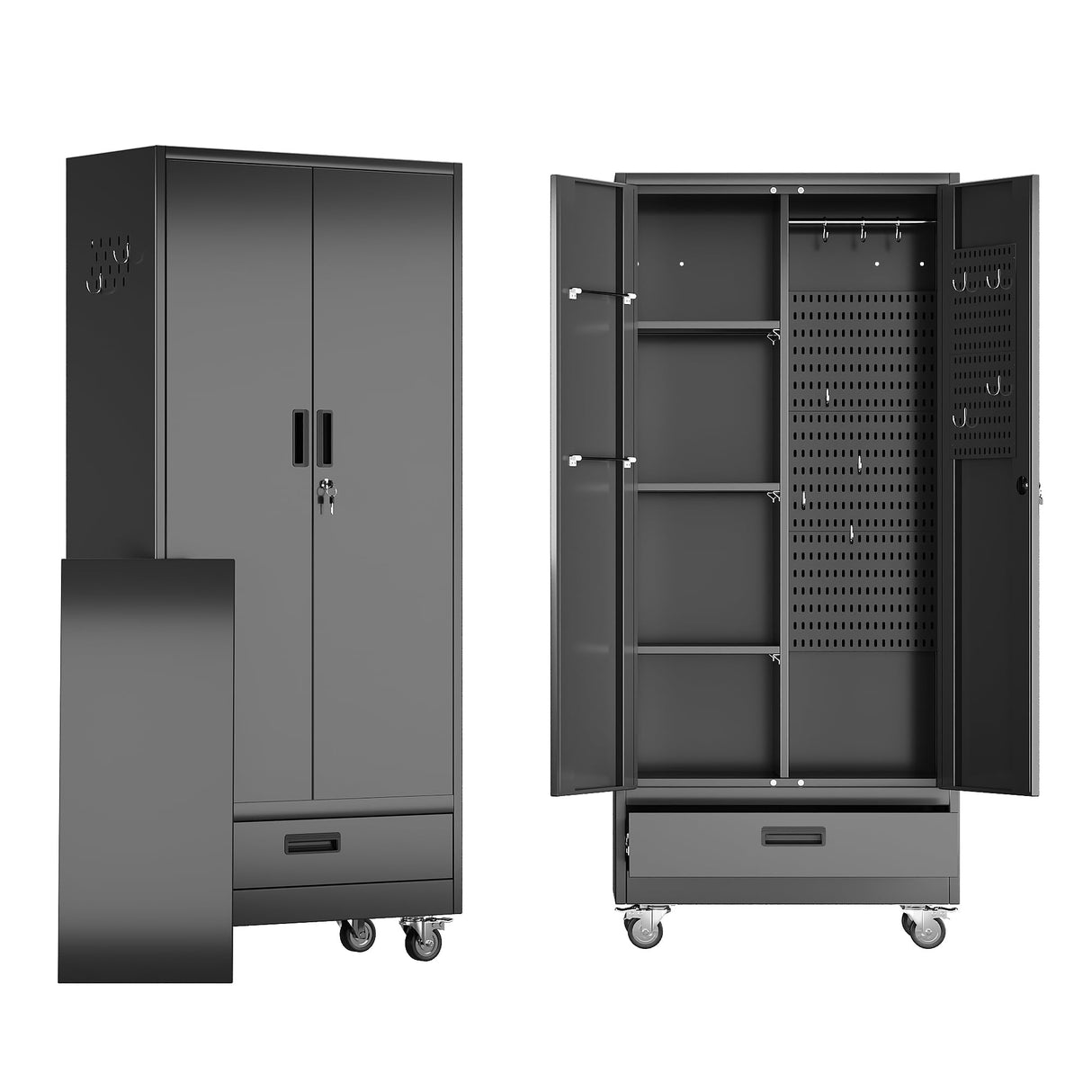 SUXXAN Broom Closet with Wheels 71"x 31.5"x15.75", Metal Cleaning Cabinets with Drawer Hooks and Hanging Rods, Lockable Cabinet with Pegboard, Adjustable Shelf,for Garage, Laundry Room SUXXAN