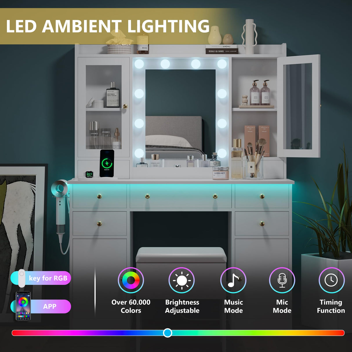 Makeup Vanity Desk with Mirror and Lights, White Vanity Table Set with Storage Drawers, Charging Station, Cabinets & Chair, Large Dressing Table with RGB Ambient Light for Women Girls Bedroom Bathroom Xixini