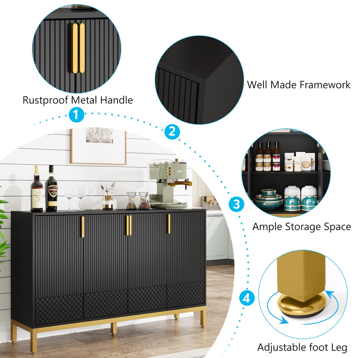 Tribesigns Luxury Buffet Cabinet with Storage, 59 Inch Kitchen Sideboard with 4 Doors, Coffee Bar Cabinet for Dining Room, Living Room, Black and Gold Tribesigns
