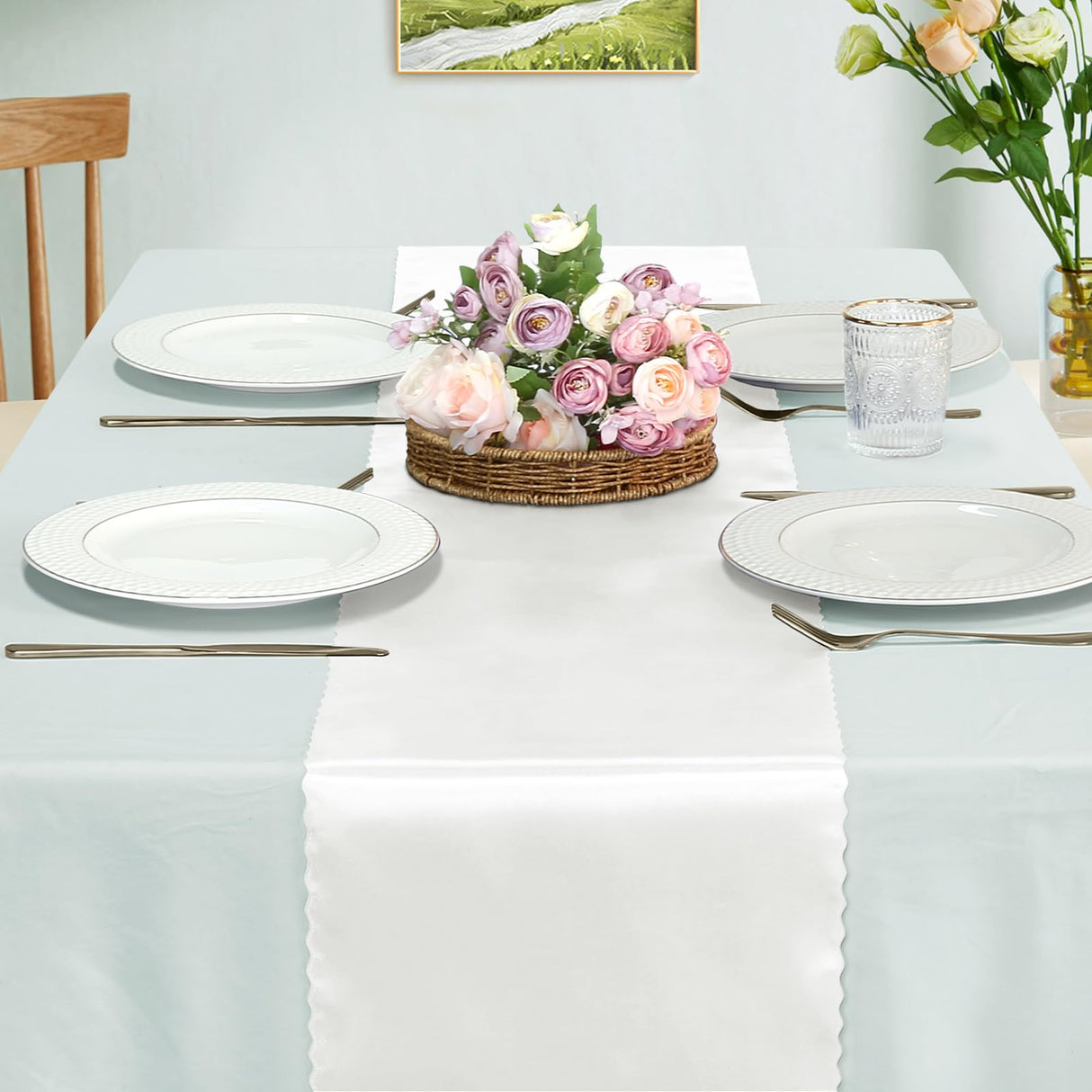 Eychei Set of 5 White Satin Table Runners, 12" x 108" Long Bright & Smooth Table Runner with Scalloped Edges, Satin Table Cloth Table Runner Decor for Wedding, Party, Banquet Eychei