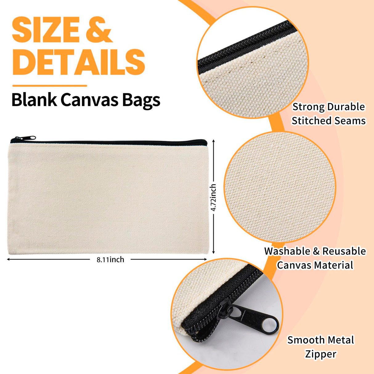 pabues 14 Pieces 8 x 4.7 Inch Blank Craft DIY Canvas Pen Pencil Case- Cotton Canvas Invoice Bill Bag Makeup Bag Cosmetic Bag Multipurpose Travel Toiletry Pouch with Black Zipper pabues