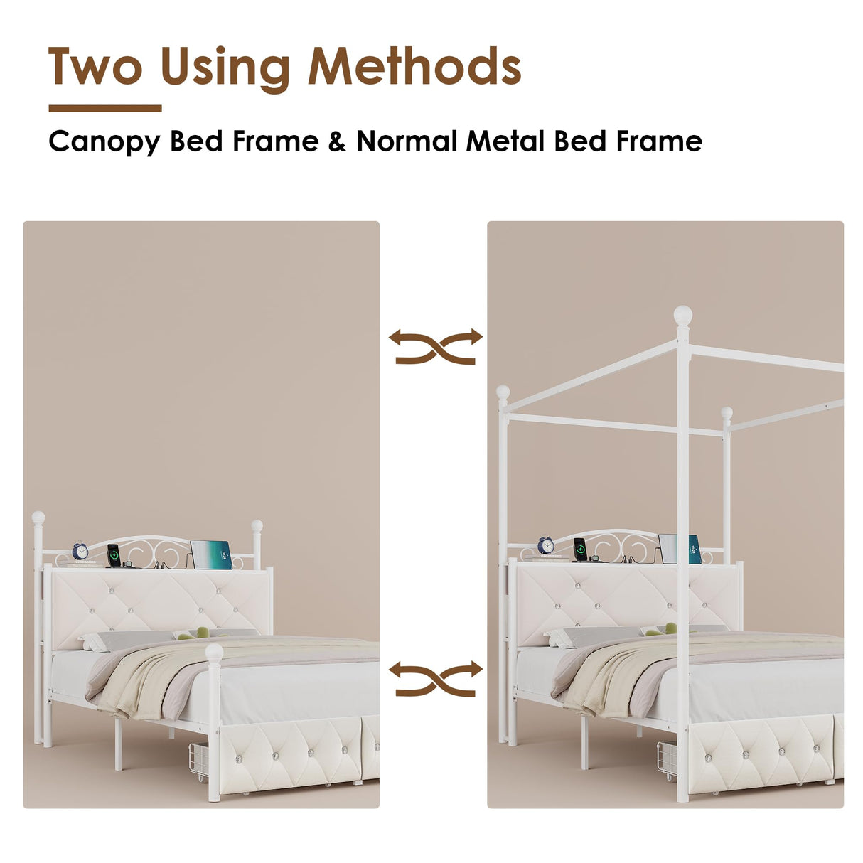 Full Upholstered Canopy Bed Frame with 2 Drawers & Crystal Tufted Storage Headboard Metal Platform Bed with Charging Station & 4 Removable Posts No Box Spring Needed Curtain Not Included, Beige Keyluv