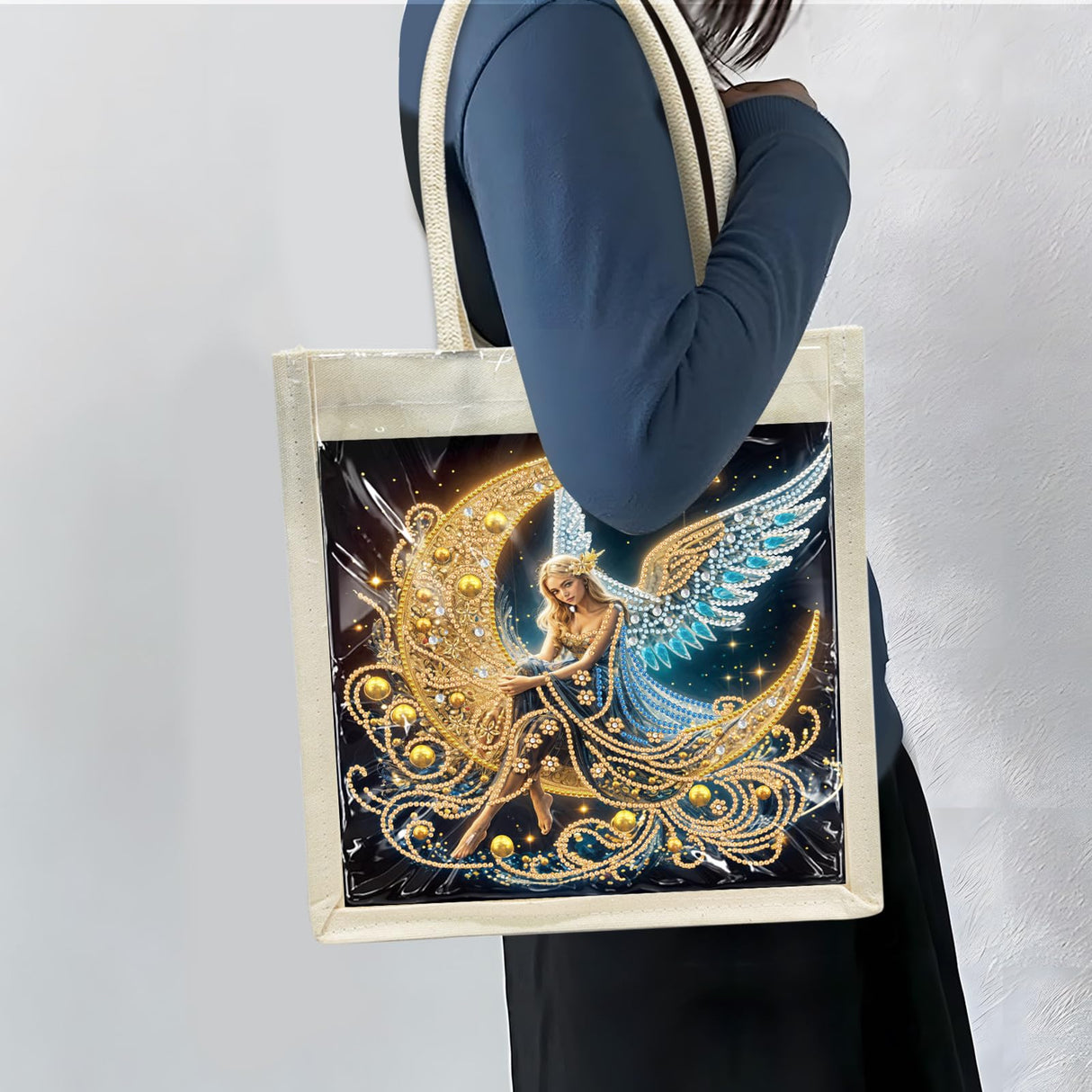 DoxQcs Diamond Art Painting Tote Bag Kit, Shoulder Bags 5D DIY Handbags Reusable Shopping Bags with Handles for Women-Moon Angel DoxQcs