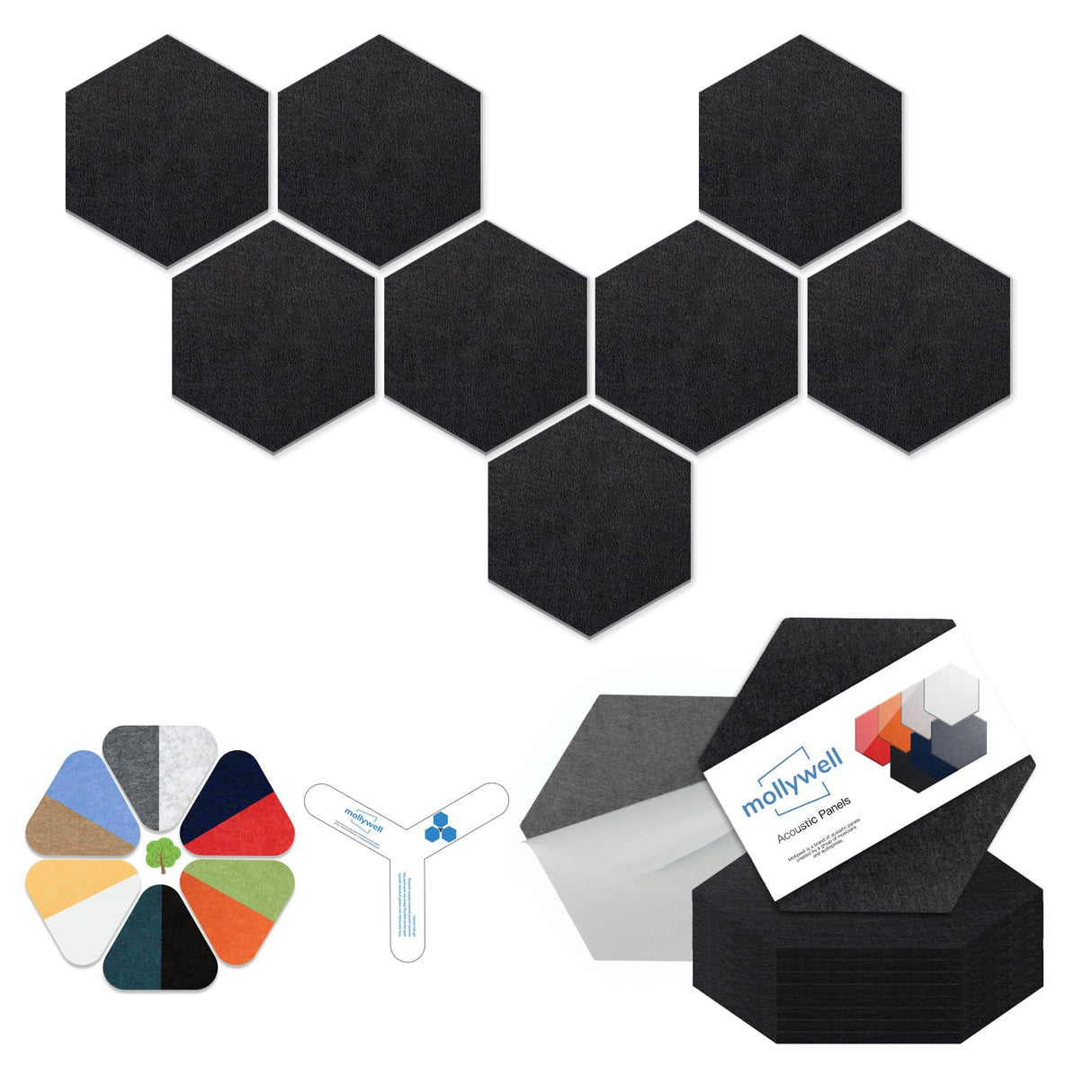 Mollywell Hexagon Acoustic Panels, High Density, Soundproofing, Decorative Noise Reduction Felt Wall Tiles for Ceilings, Home Office & Gaming Room (Black), 12x10x0.4 Inch Mollywell