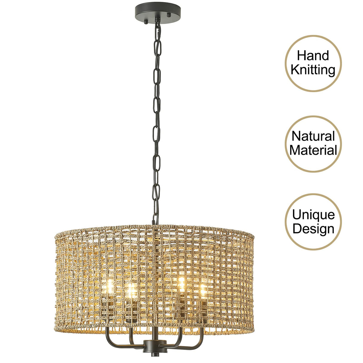 Giutna Rattan Wicker Drum Chandeliers for Dining Room, 4-Light Bohemian Hand-Woven Farmhouse Drum Pendant Chandelier Light Fixture for Entryway Living Room Kitchen Stairway Bedroom Hallway Giutna