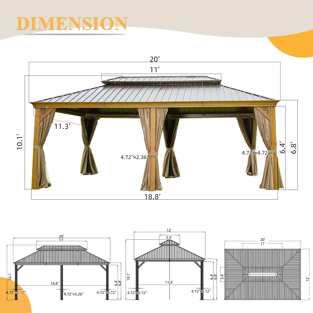 12’ x 20’ Hardtop Gazebo Outdoor Aluminum Wood Grain Gazebos with Galvanized Steel Double Canopy for Patios Deck Backyard,Curtains&Netting by domi outdoor living domi outdoor living