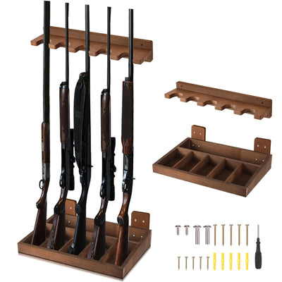 GlikCeil 1 Set Wooden Vertical Gun Rack Wall Mount Indoor Hold up to 5 Long Guns Shotguns Rifle Racks Display Holder Stand for Firearms Display Storage Home Accessories Office(Walnut)