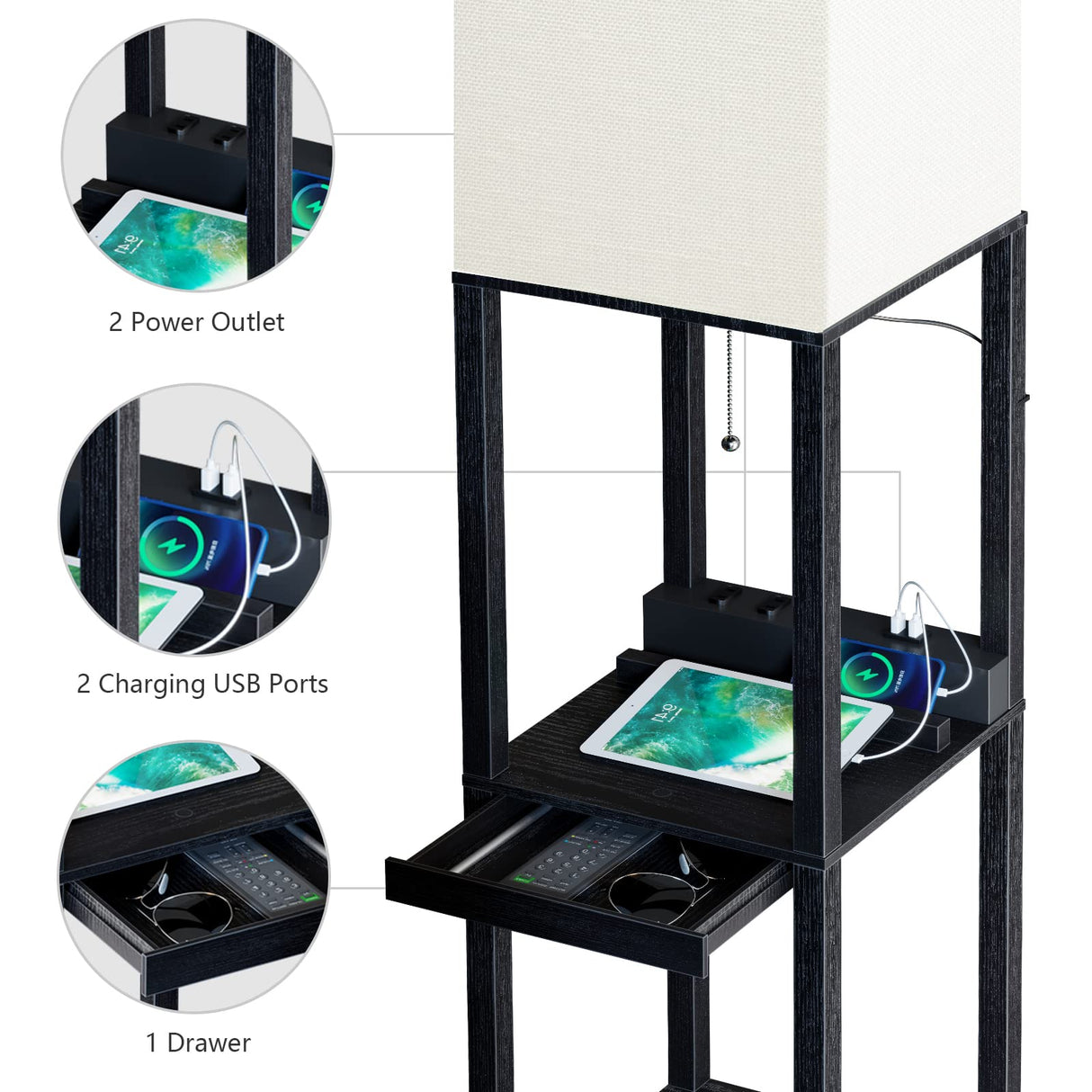 SUNMORY Floor Lamp with Shelves,Modern Dimmable Solid Wood Standing Lamp with 1 Drawer and 2 USB Ports & 2 Power Outlet,Corner Tall Bookshelf Lamp for Living Room and Bedroom(Black) SUNMORY