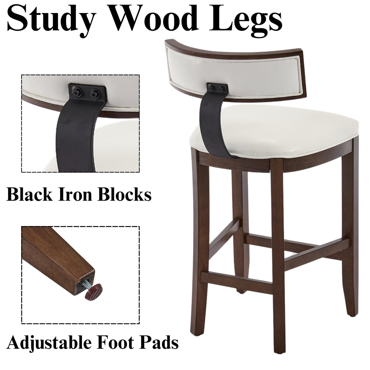 DM Furniture Leather Bar Stools Set of 2, 26.5" White Upholstered Counter Height Barstools, Farmhouse Island Countertop Bar Chairs with Curved Backrest/Hardwood Frame for Kitchen Island Dining Room DM Furniture