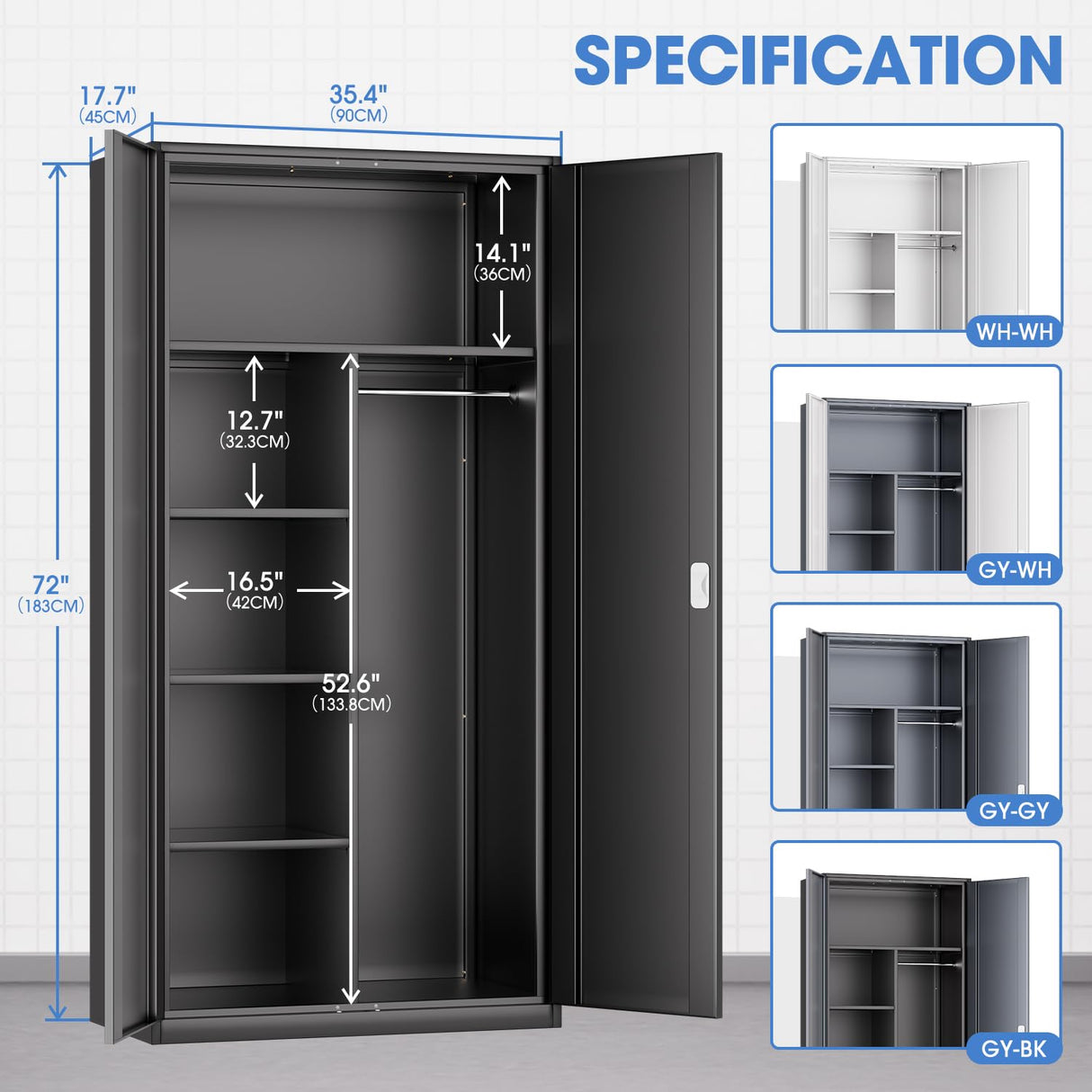 DNA MOTORING Metal Storage Cabinet, 72" Storage Wardrobe with Lock and Hanging Rod, Locking Cabinet Heavy Duty Utility Cabinet with 4 Shelves for Garage,Office,Home,Gym, Black, TOOLS-00633-BK-BK DNA MOTORING