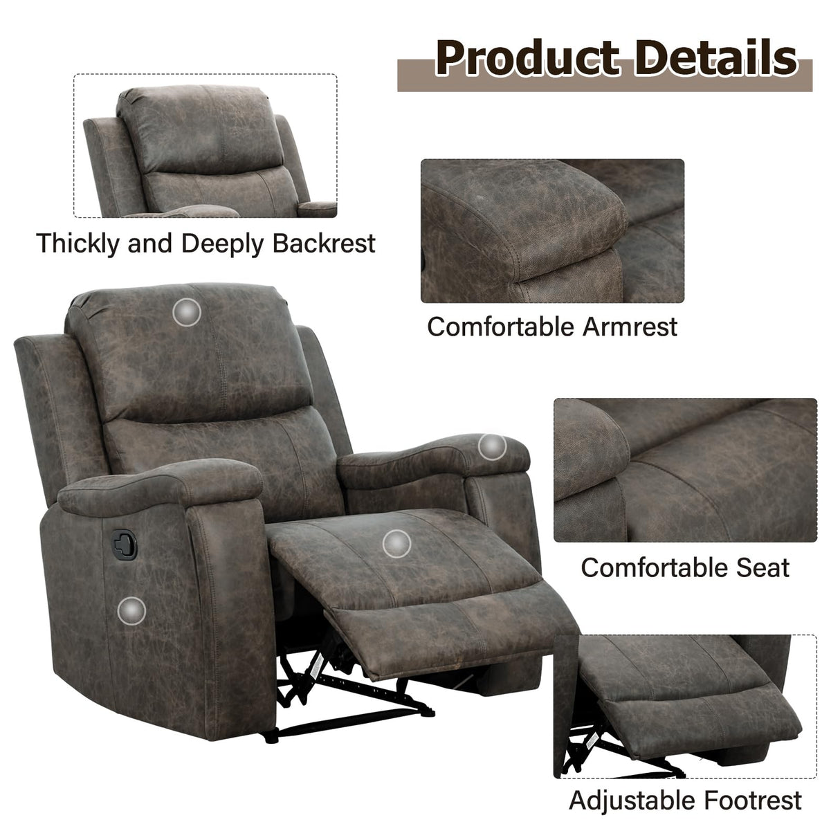 CANMOV Leather Recliner Chair, Classic and Traditional Manual Recliner Chair with Overstuffed Arms and Back, Manual Single Sofa with Concealed Cup Holders,Grey CANMOV