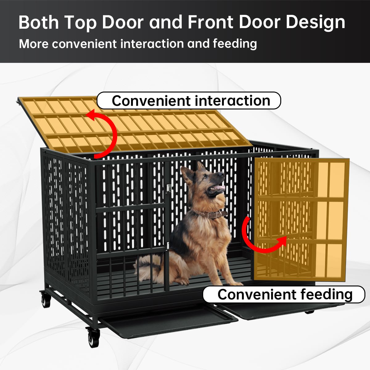 Snuowu 48 Inch Heavy Duty Dog Crate with Wheels, Folding Metal Big Dog Cage for Large and Medium Dogs, Extra Large XL XXL Indestructible Dog Crate with Removable Tray. Snuowu