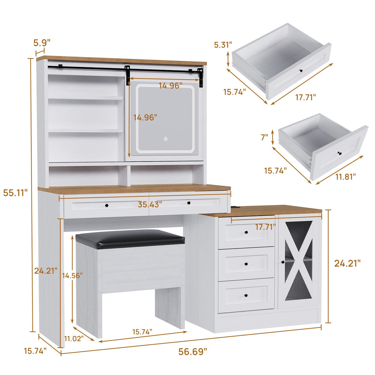 amzzar Farmhouse Vanity Desk with Sliding Lighted Mirror, White Makeup Vanity Table with Drawers and Side Storage, Large Dressing Table Vanity Set with Stool and Charging Station for Bedroom amzzar