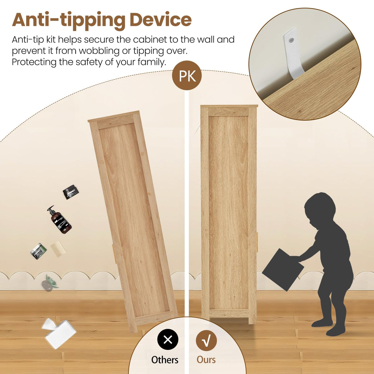 Iwell Storage Cabinet with 2 Drawers & Adjustable Shelves, Rattan Cabinet, Kitchen Pantry Cabinets, Cupboard for Living Room, Kitchen, Home Office, Natural Iwell