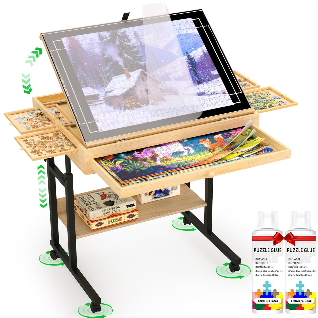 Large Puzzle Table with Drawer for 300-1500 Piece Jigsaw Puzzles – Adjustable Height & Angle, Wooden Puzzle Board with Felt PP Cover, Storage Shelf, Metal Stand, Wheels for Adults & Enthusiasts CEDARDVD