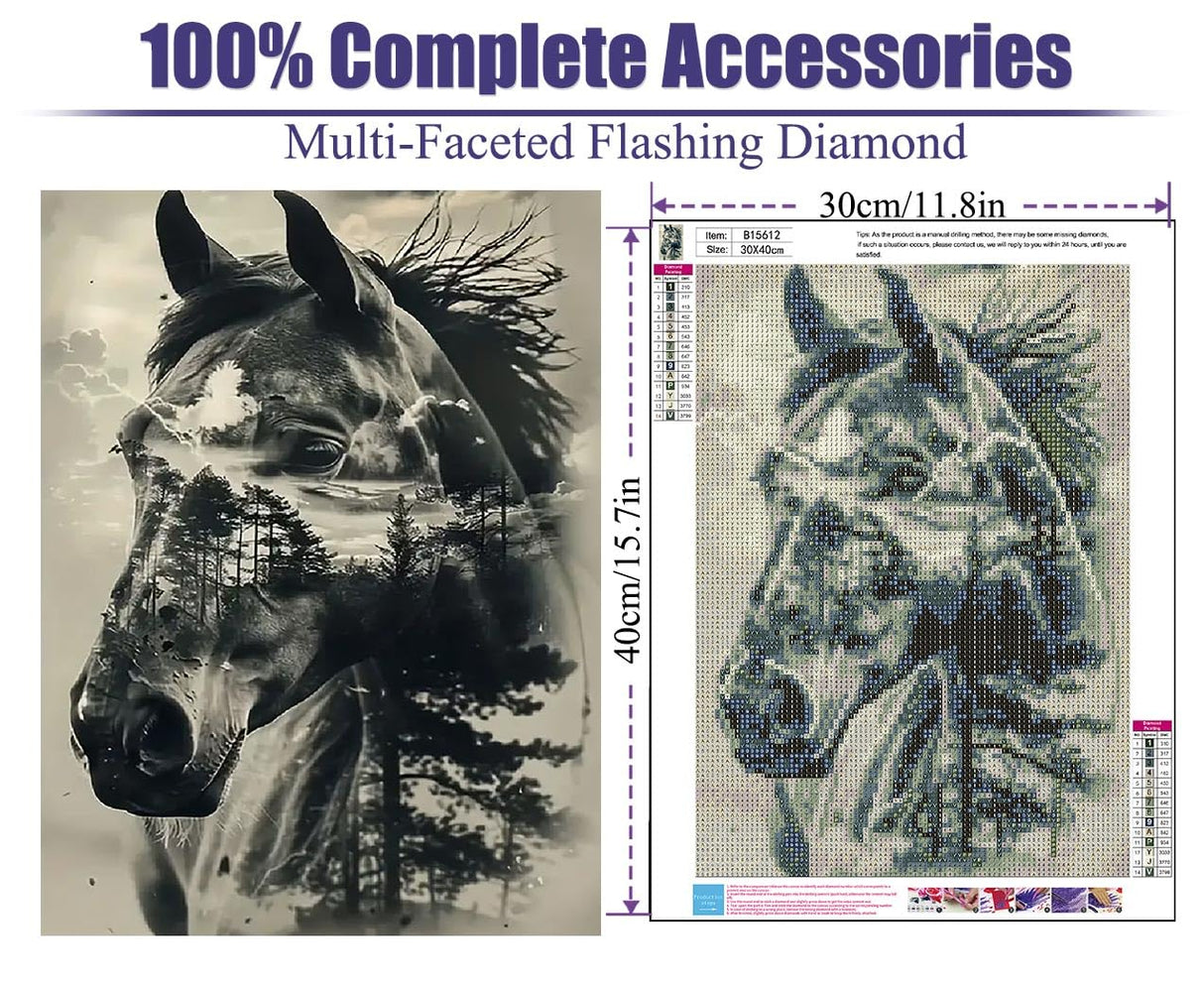 BOHADIY Horse Diamond Art Painting Kits for Adults, Full Drill Tree Diamond Dots Paintings for Beginners, Round 5D Paint with Diamonds Pictures Gem Art Painting Kits DIY Crafts16x12inch Animal Gray BOHADIY